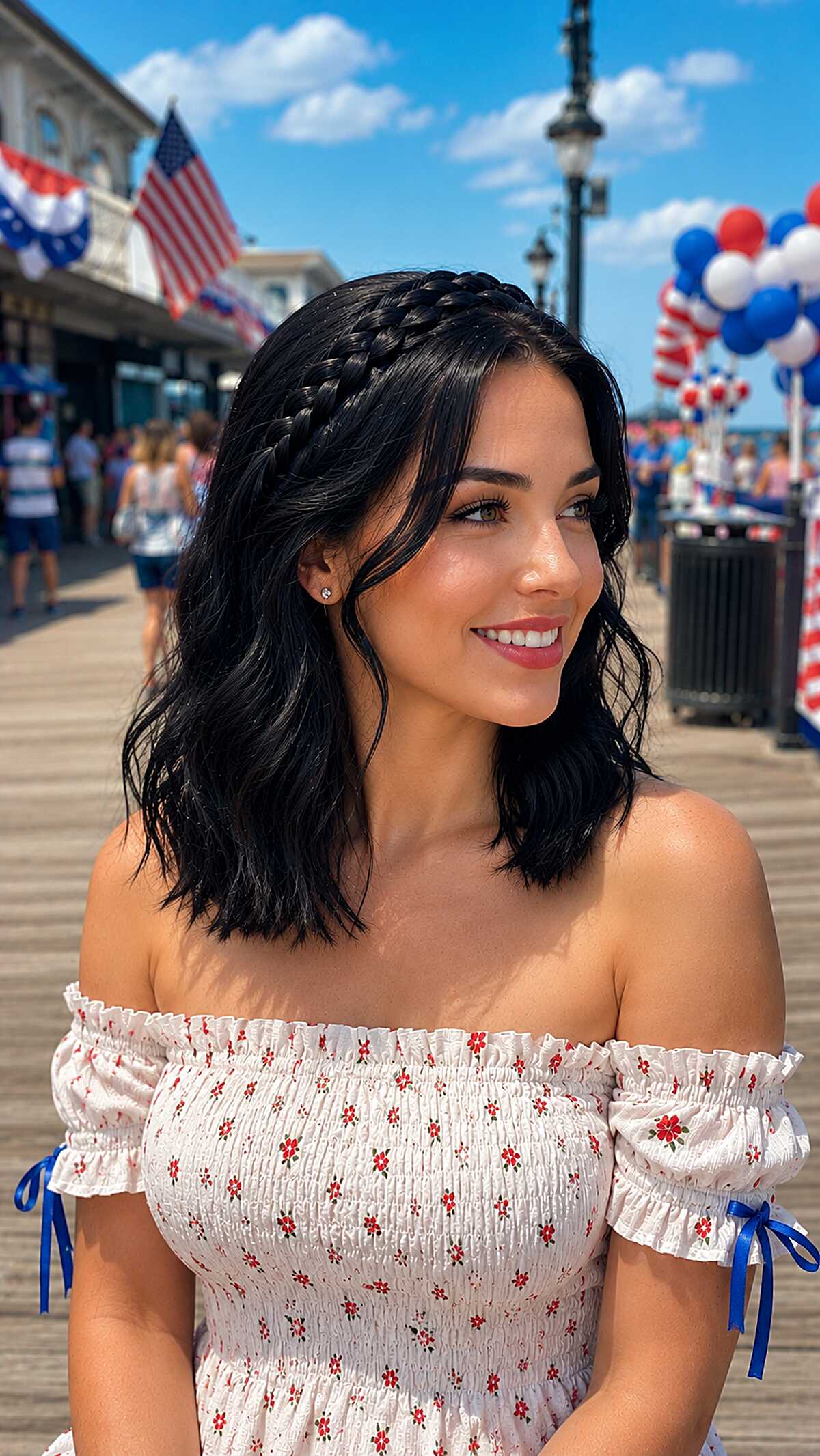 Black wavy bob with side Dutch braid accent