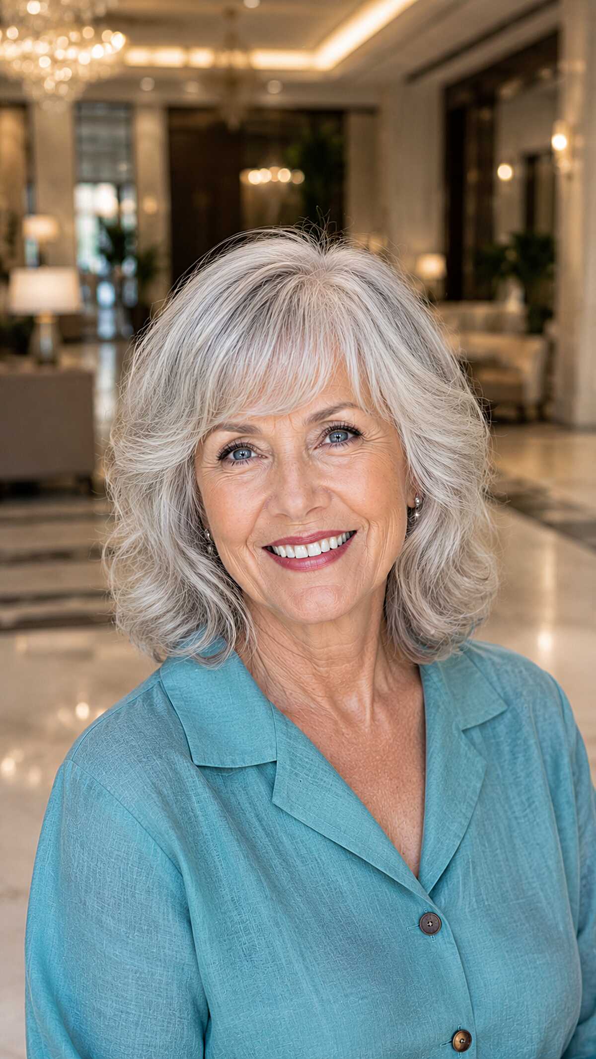 Silver wavy shoulder-length layers with side-parted bangs