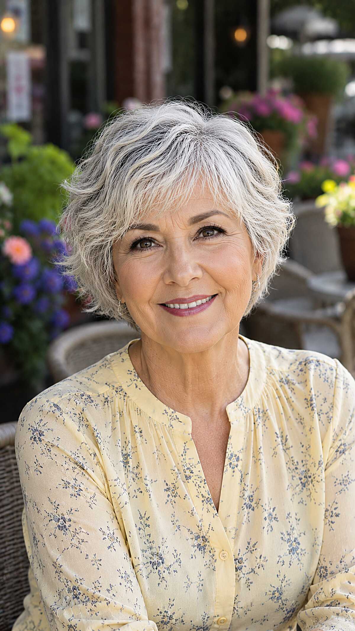 Silver-white tousled short bob with soft wispy bangs