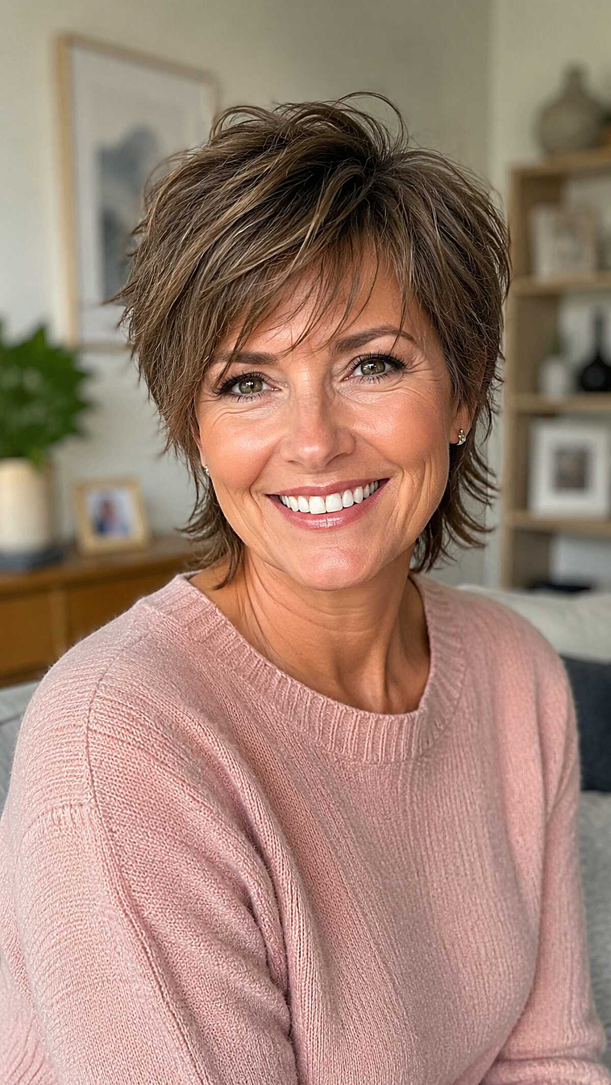 Soft brunette mixie shag with subtle highlights
