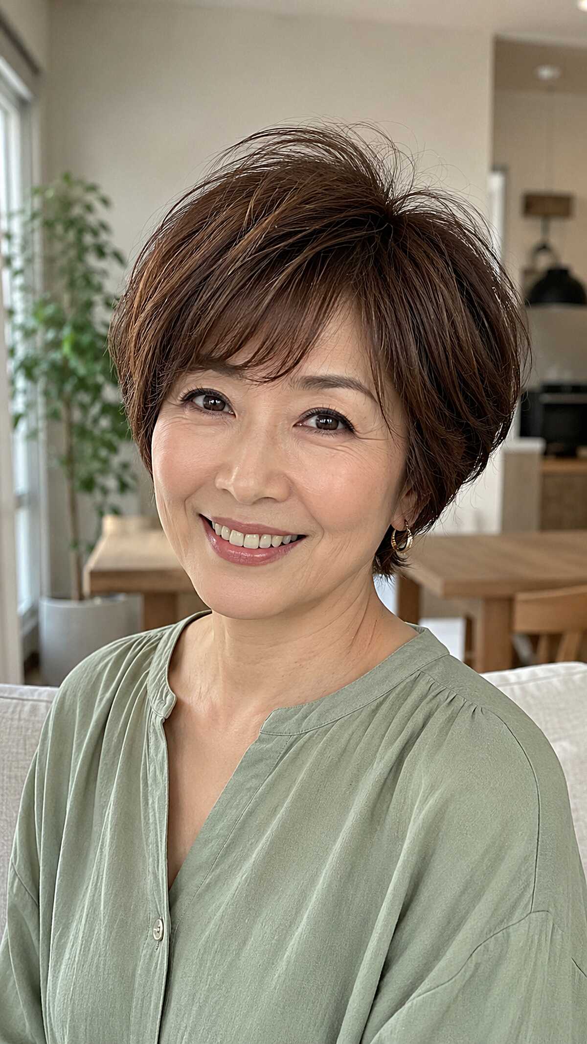 Soft chocolate brown bixie with wispy side bangs