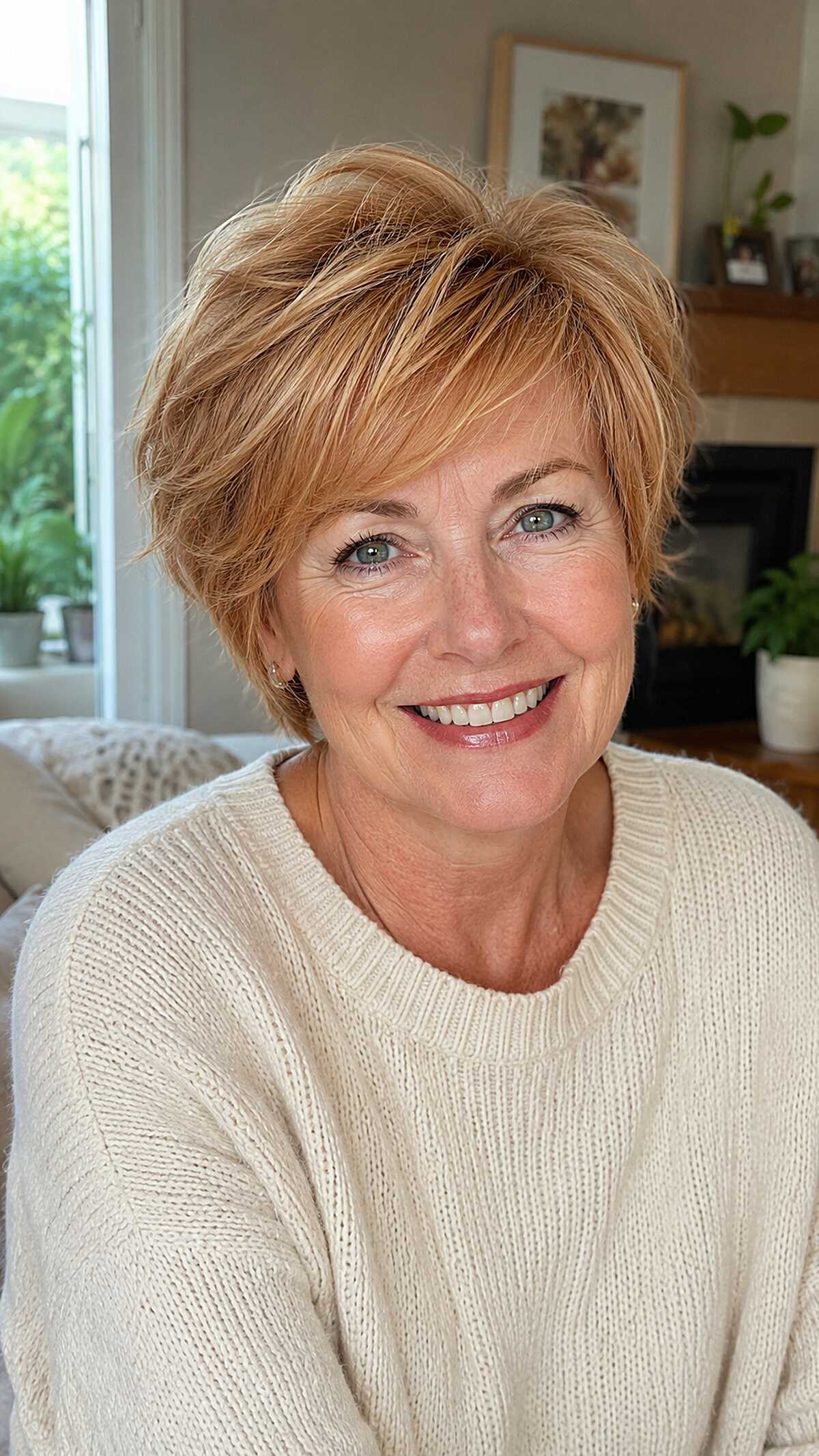 Strawberry blonde bixie with soft feathered ends