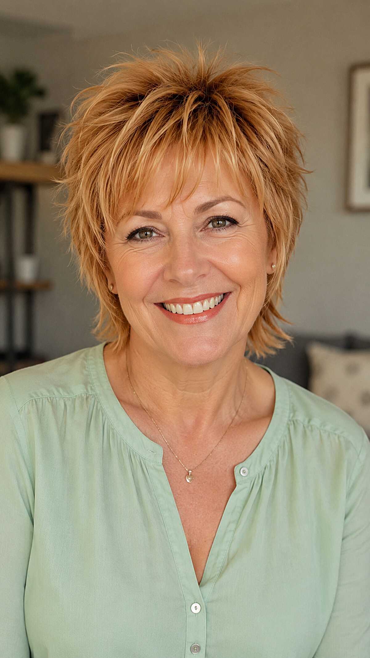 Strawberry blonde spiky mixie shag with textured crown