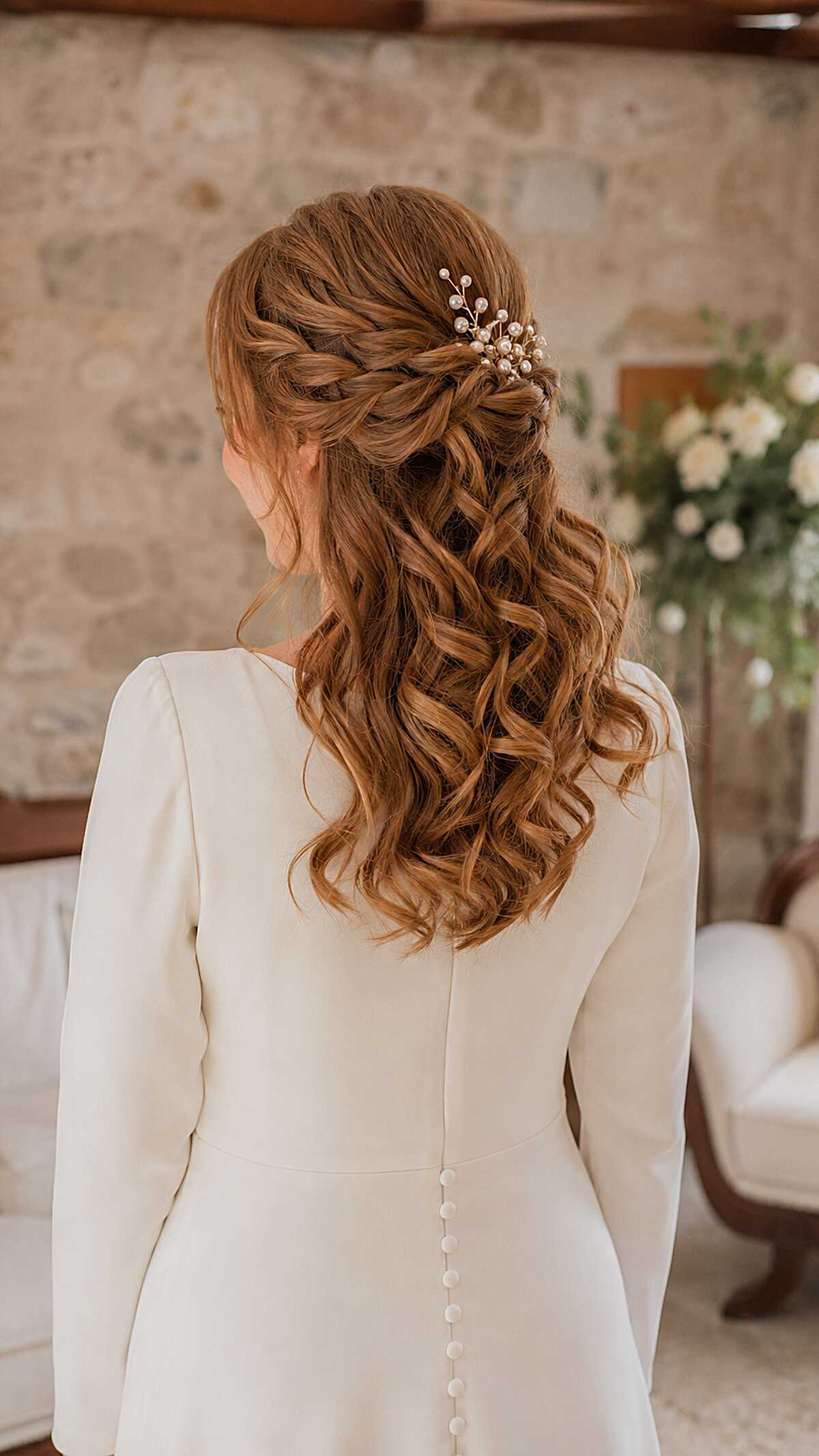 Strawberry Brunette Twisted Pull-Back with Pearl Bud Pin