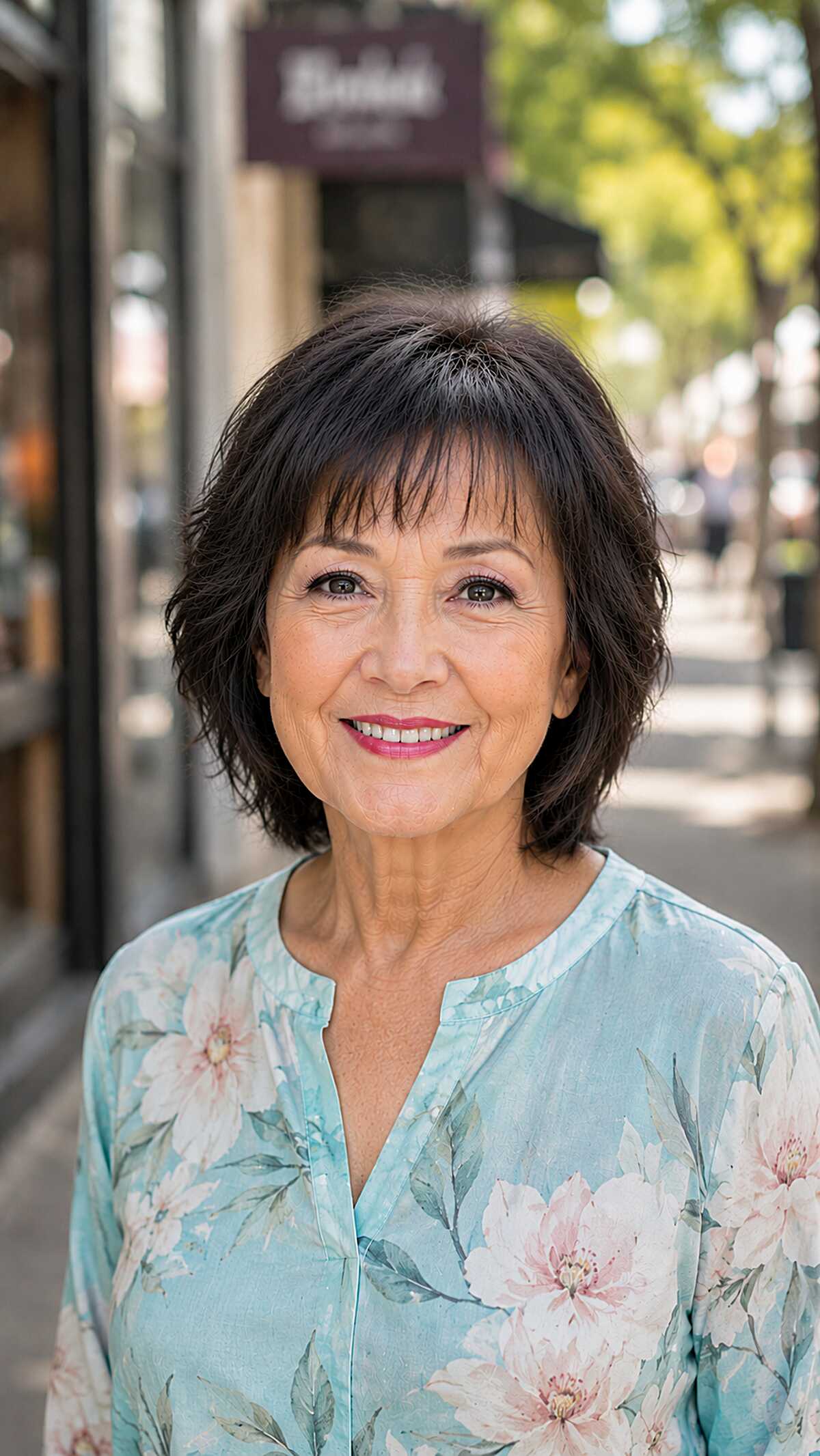 Dark textured layered bob with short piecey bangs