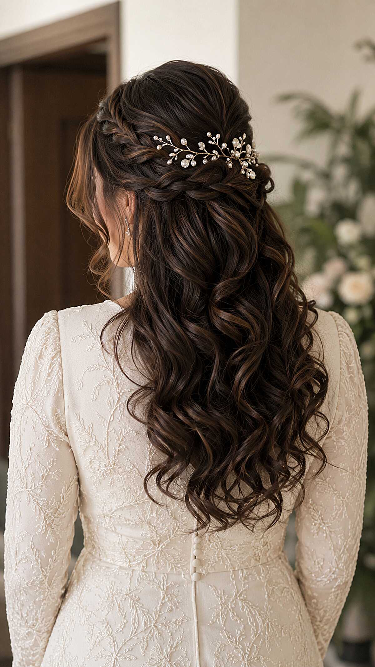 Thick Brunette Braided Crown with Pearl Branch Accessory