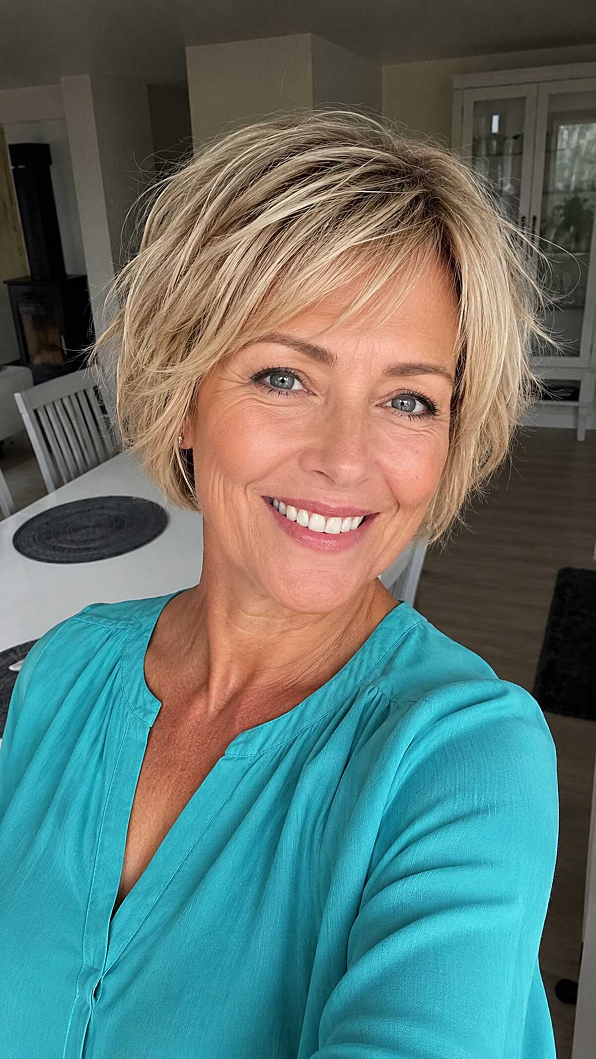Tousled blonde bixie with beachy lived-in texture