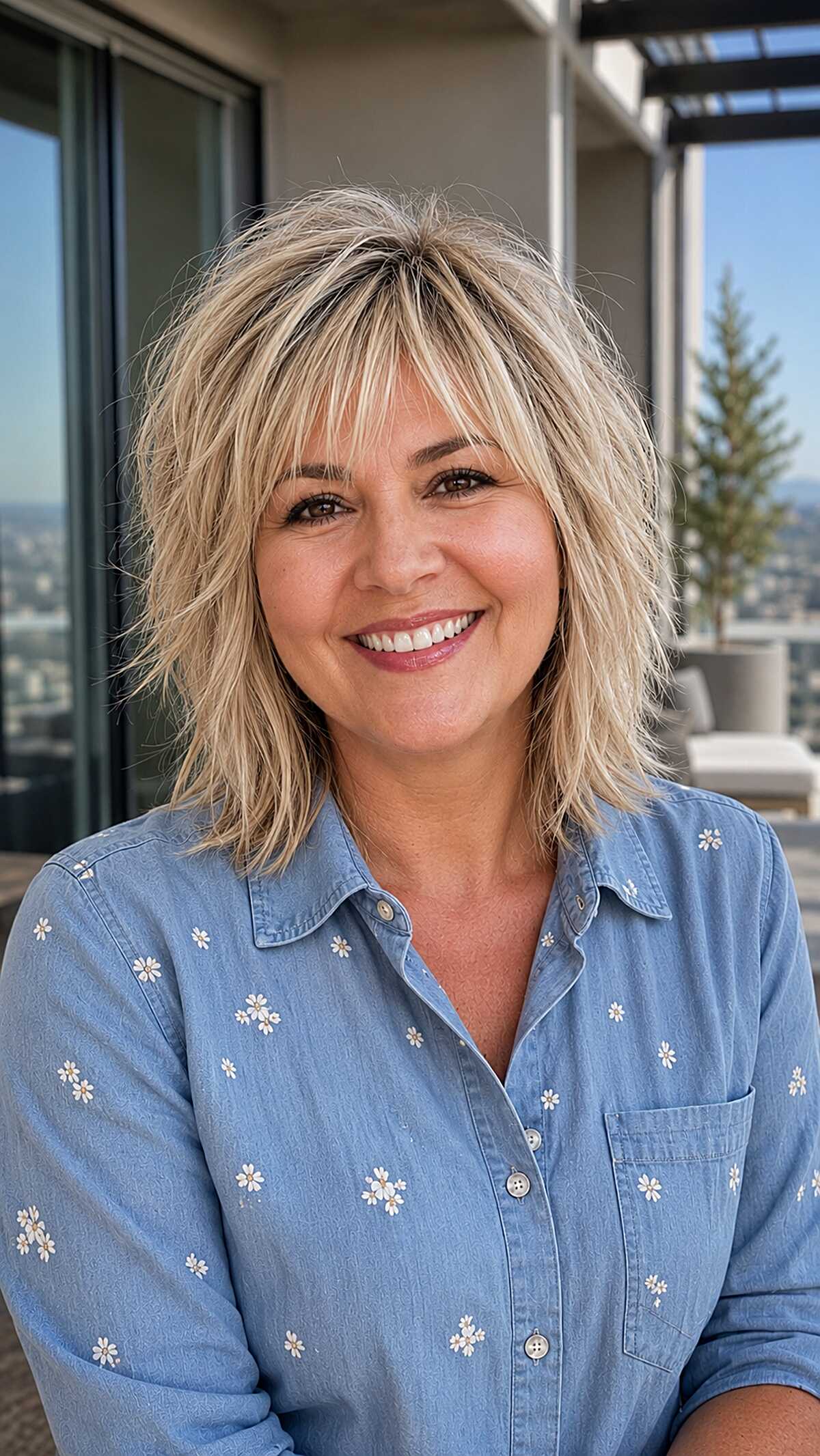 Tousled blonde shag with choppy bangs and textured layers