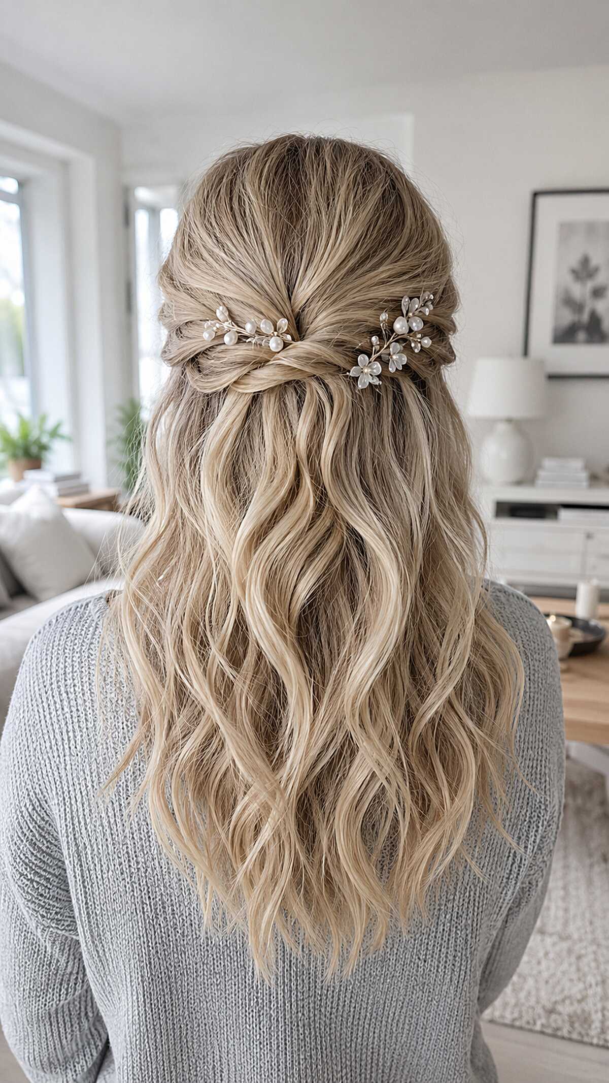 Undone Pearl-Pinned Twist on Dimensional Blonde