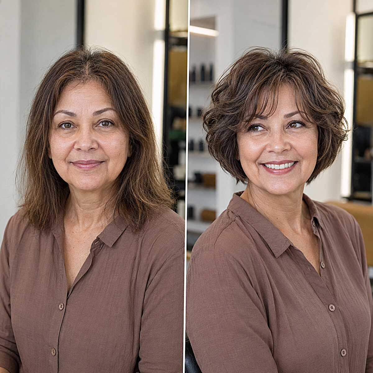 Before and after showing flat long hair to voluminous layered bob