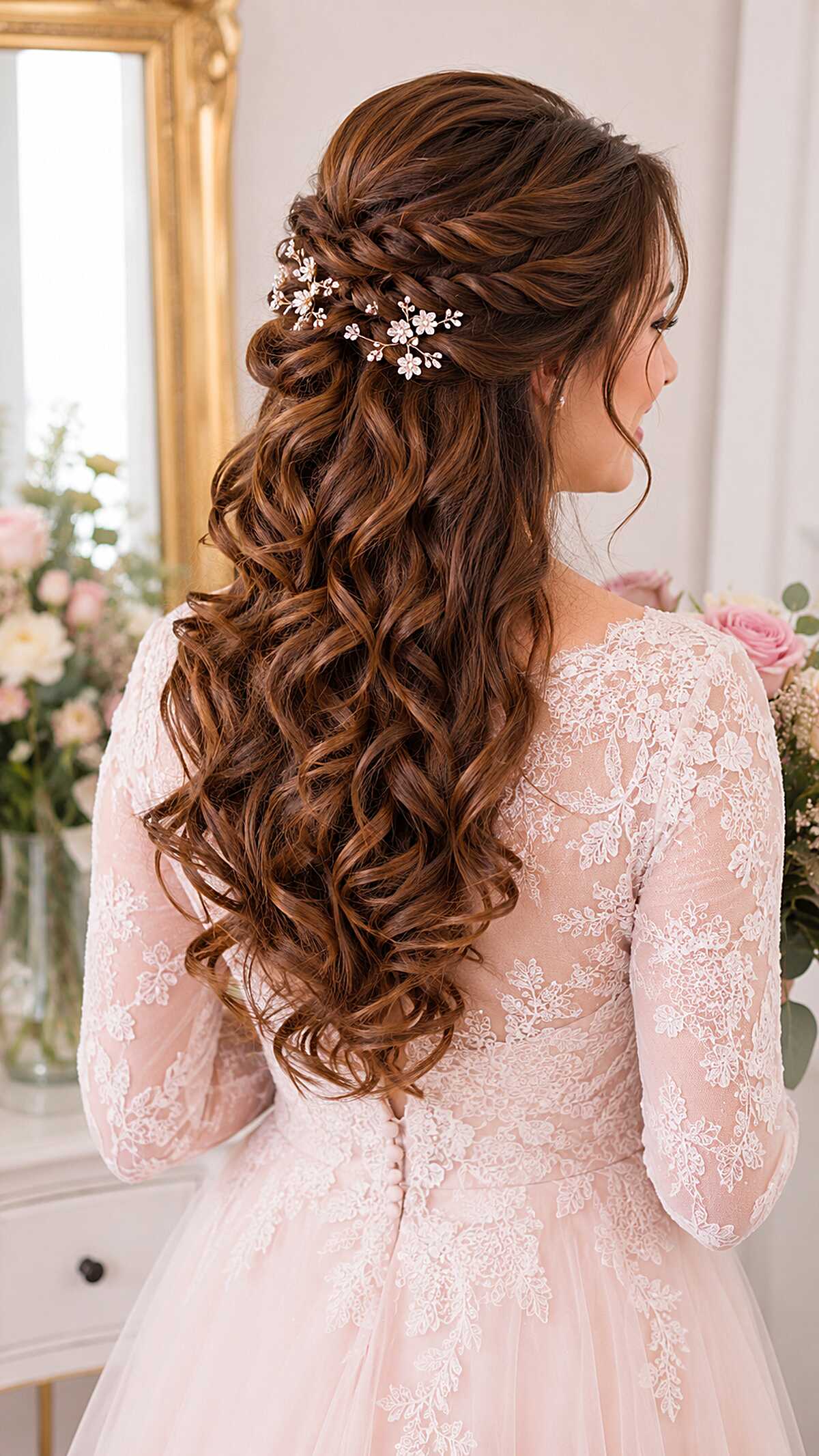 Voluminous Chestnut Spirals with Woven Twist and Floral Pins