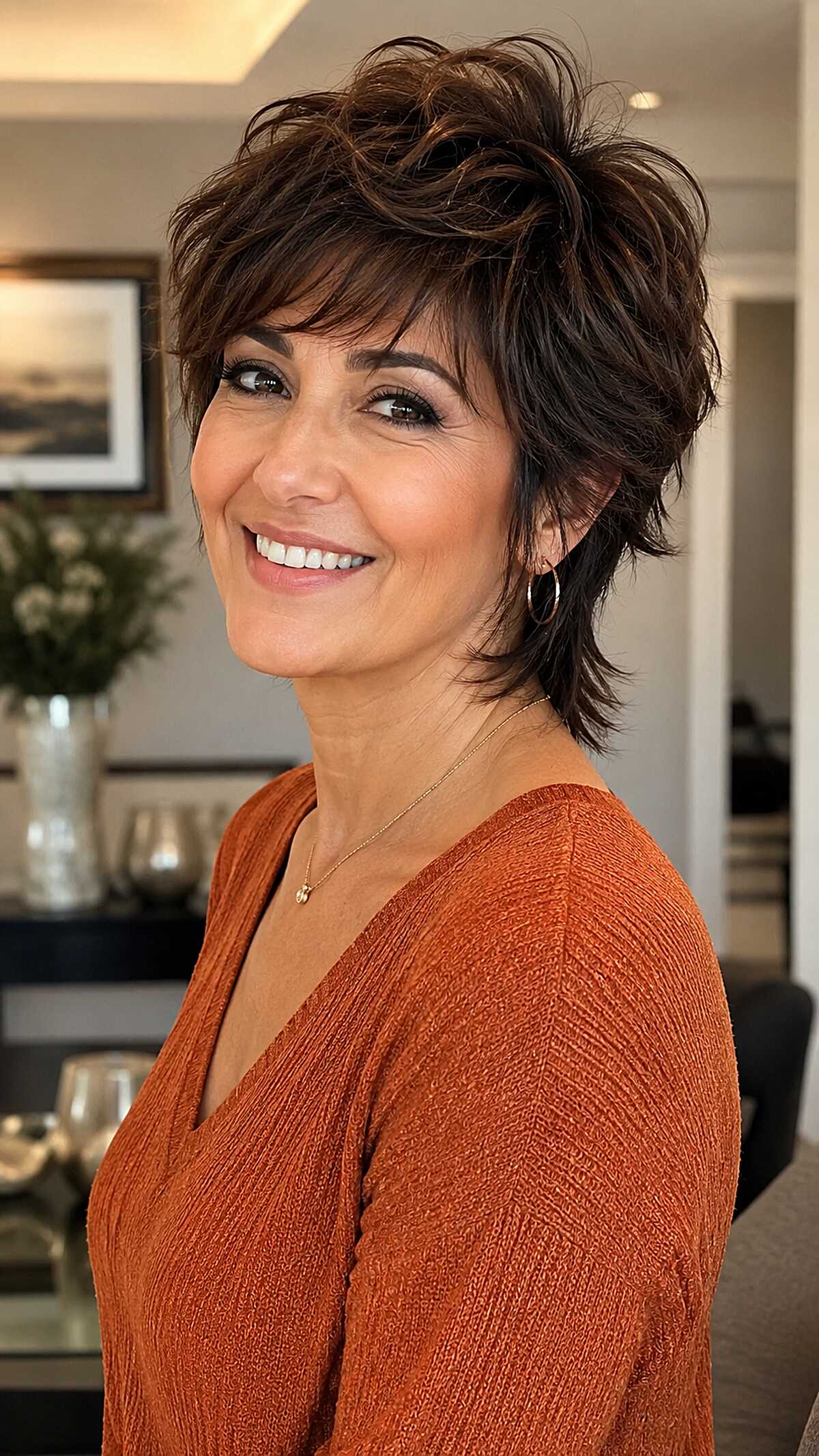 Voluminous dark chocolate mixie shag with crown lift