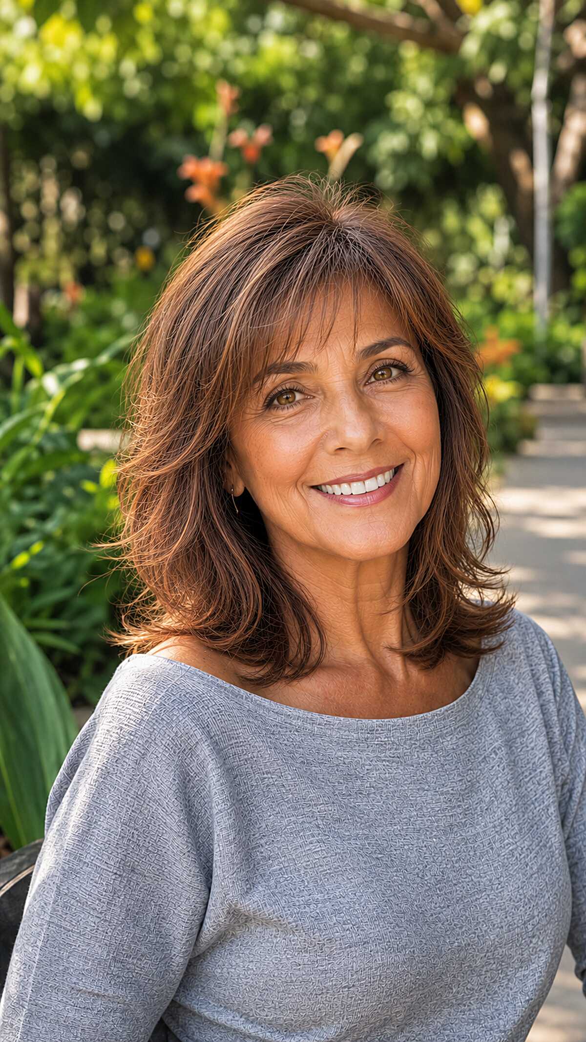 Shoulder-length warm auburn layered cut with flipped ends
