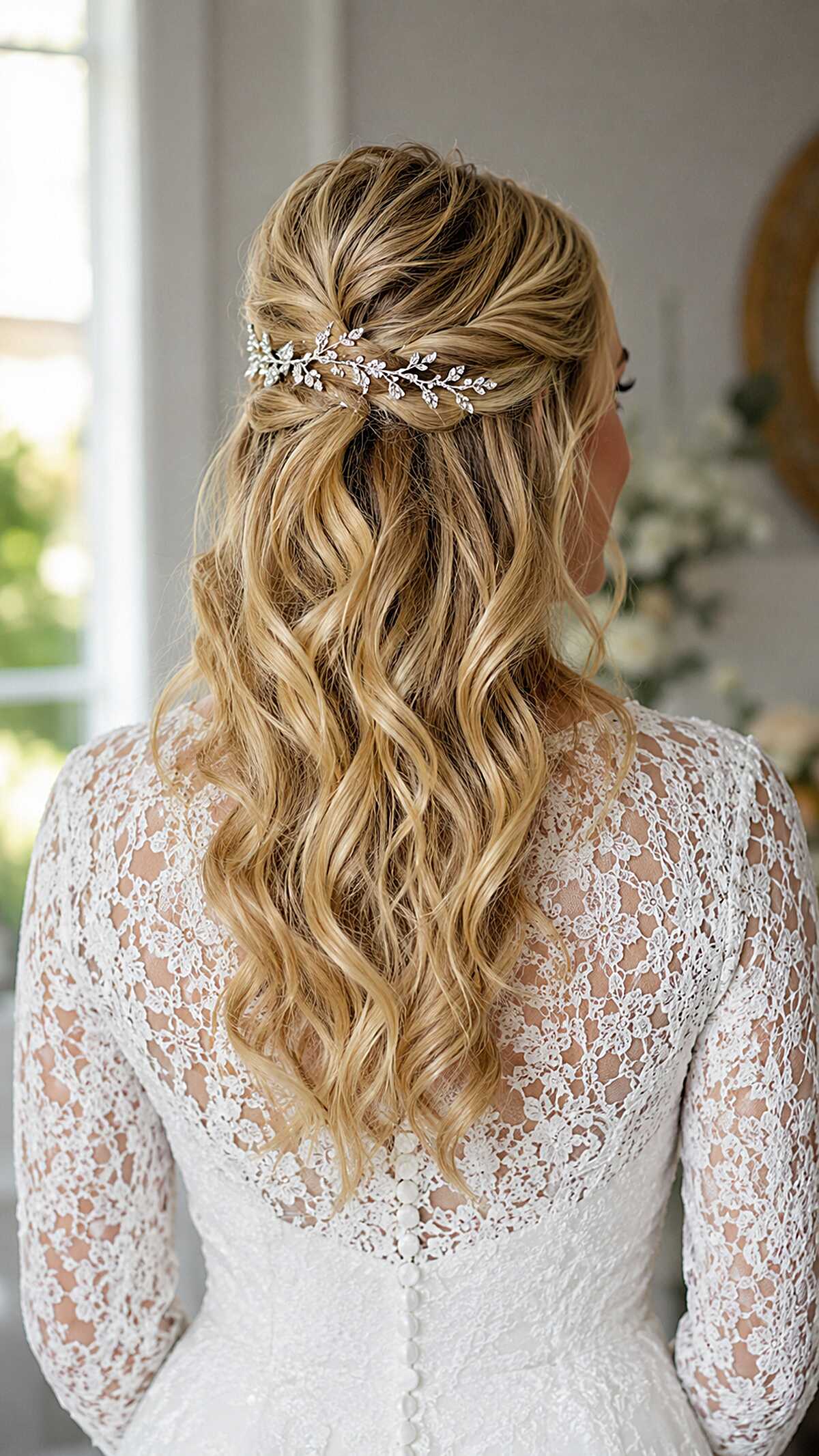 Warm Blonde Loose Curls with Crystal Leaf Vine Pull-Back