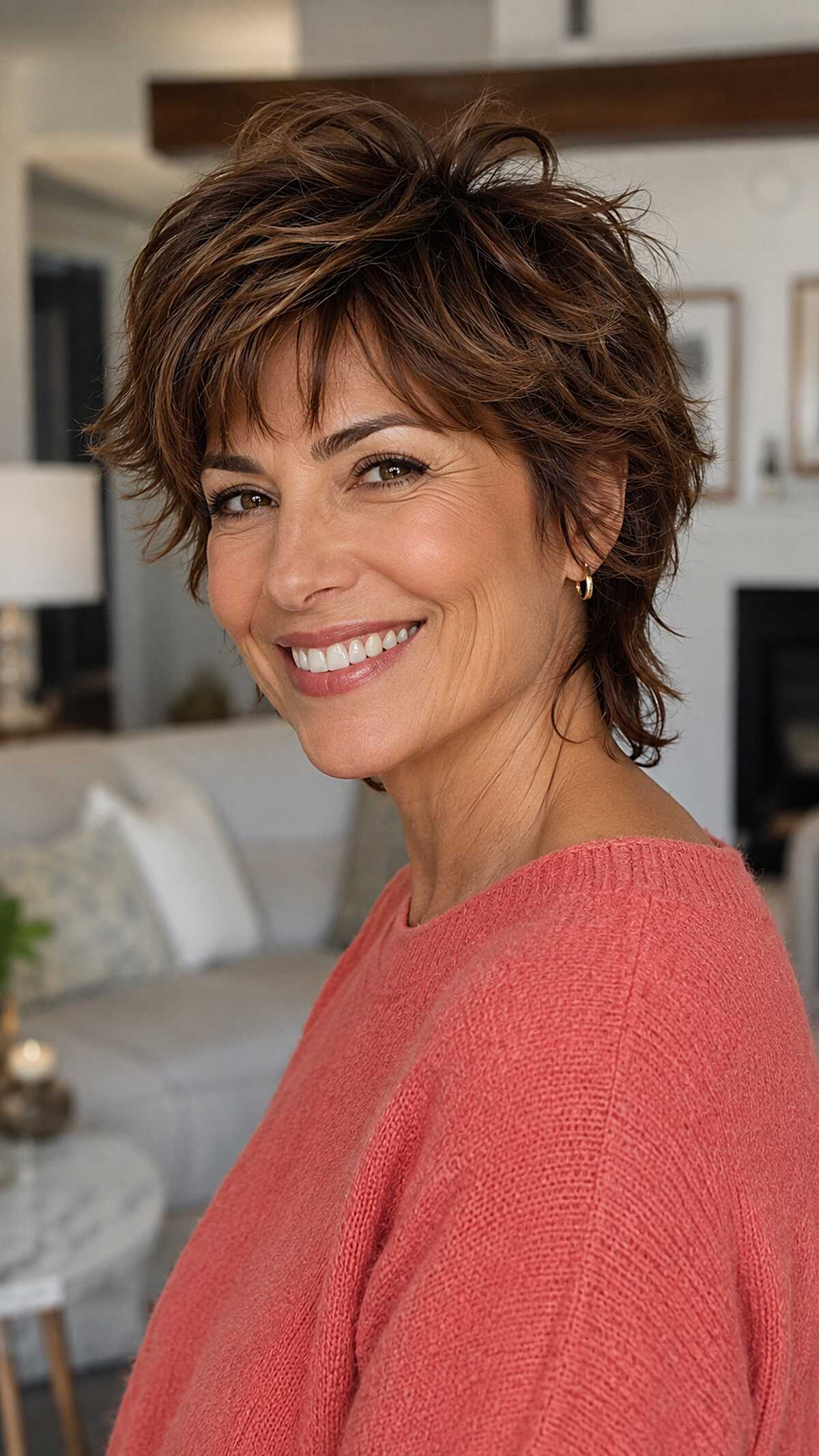 Warm brunette choppy mixie shag with flipped layers