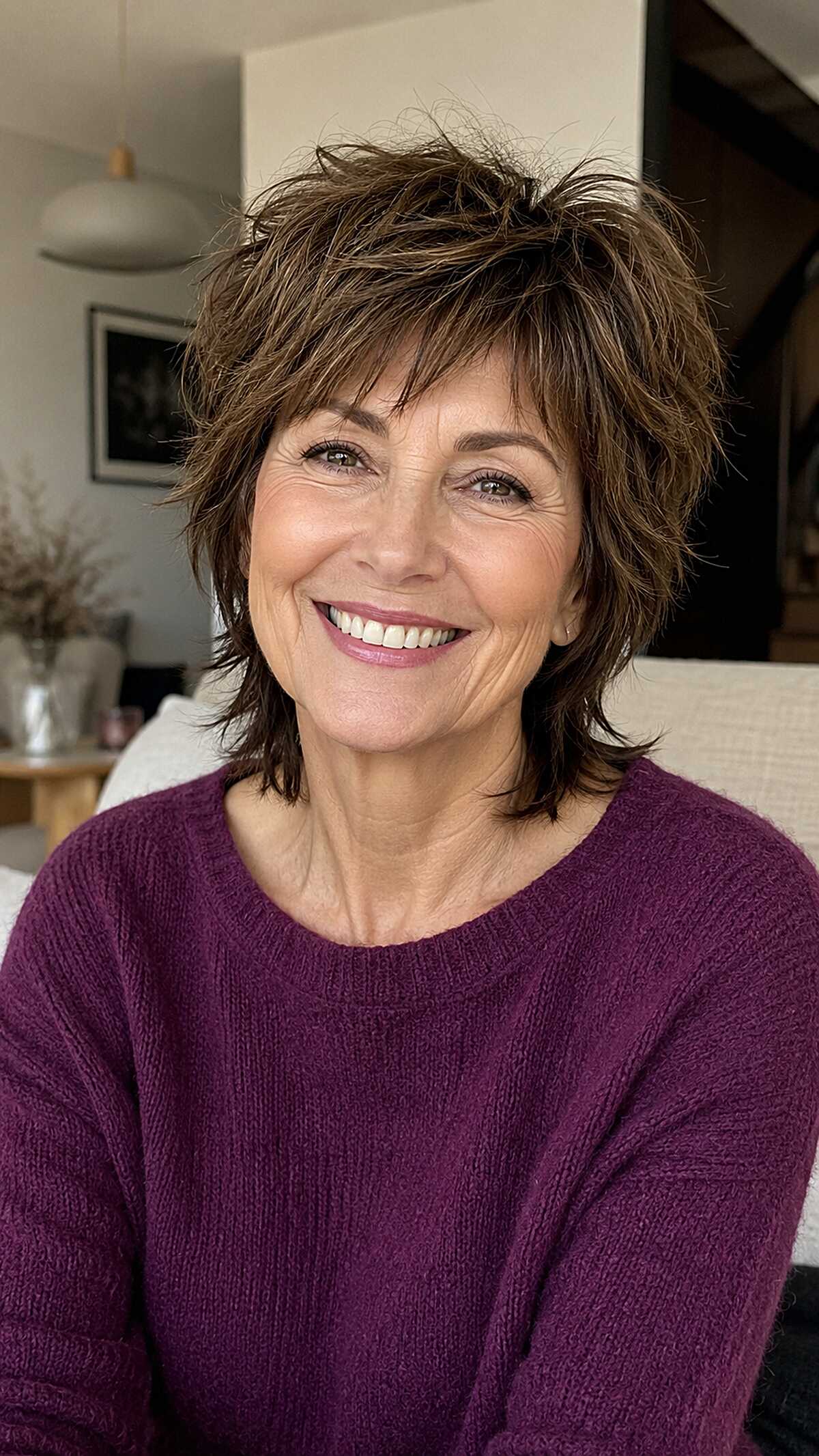 Warm brunette extended mixie shag with wispy ends