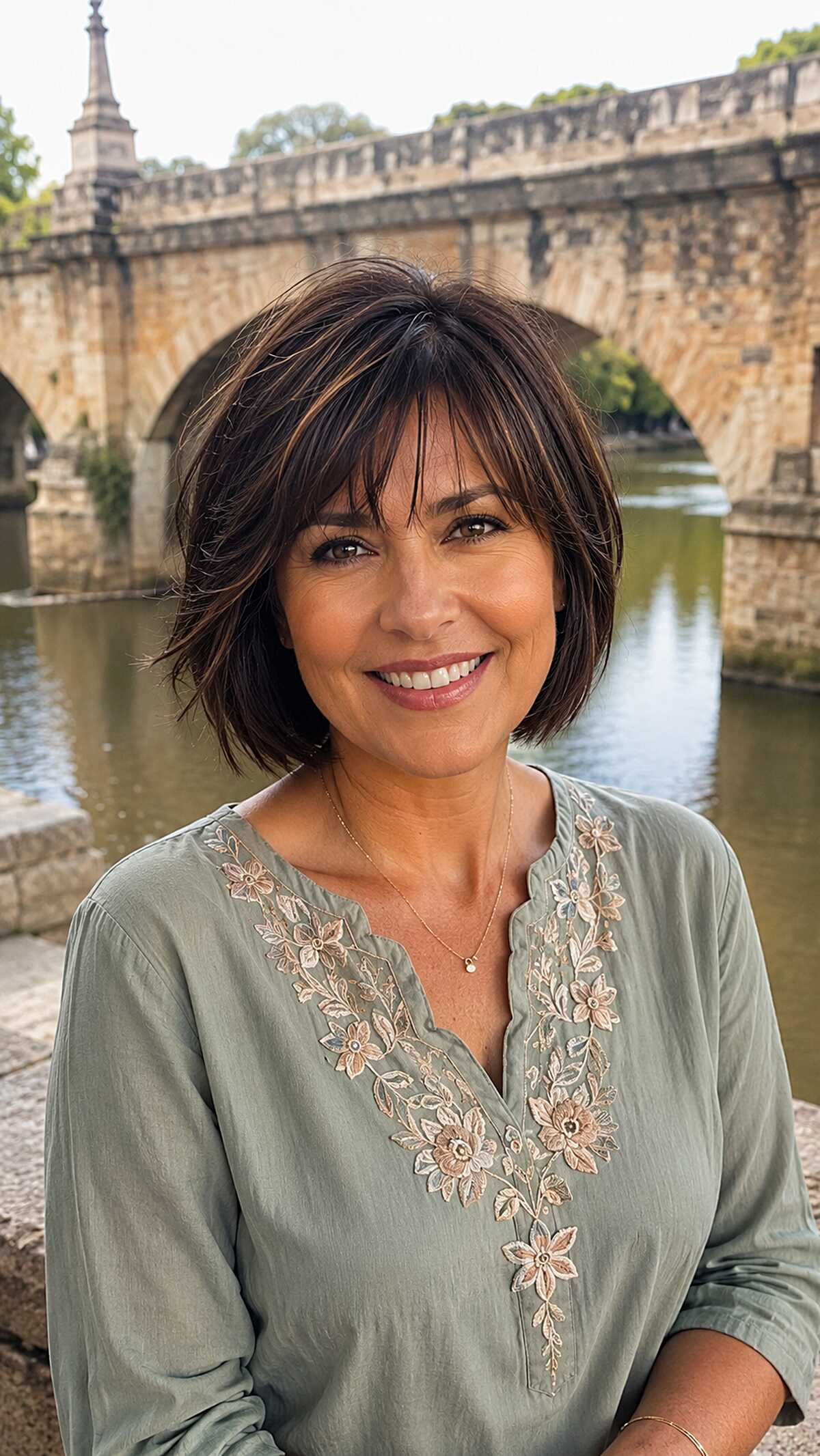 Warm brunette layered bob with feathered bangs and flipped ends