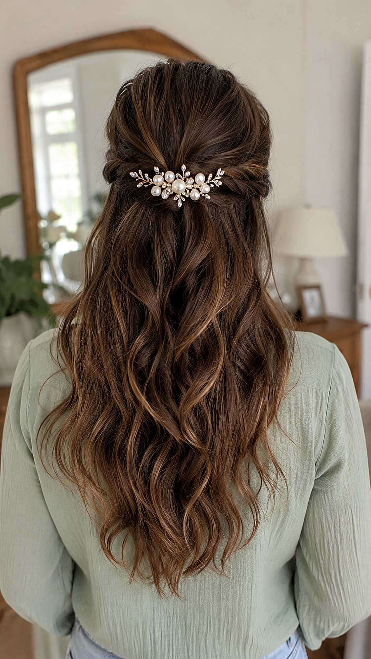 Warm Brunette Undone Waves with Pearl Cluster Comb