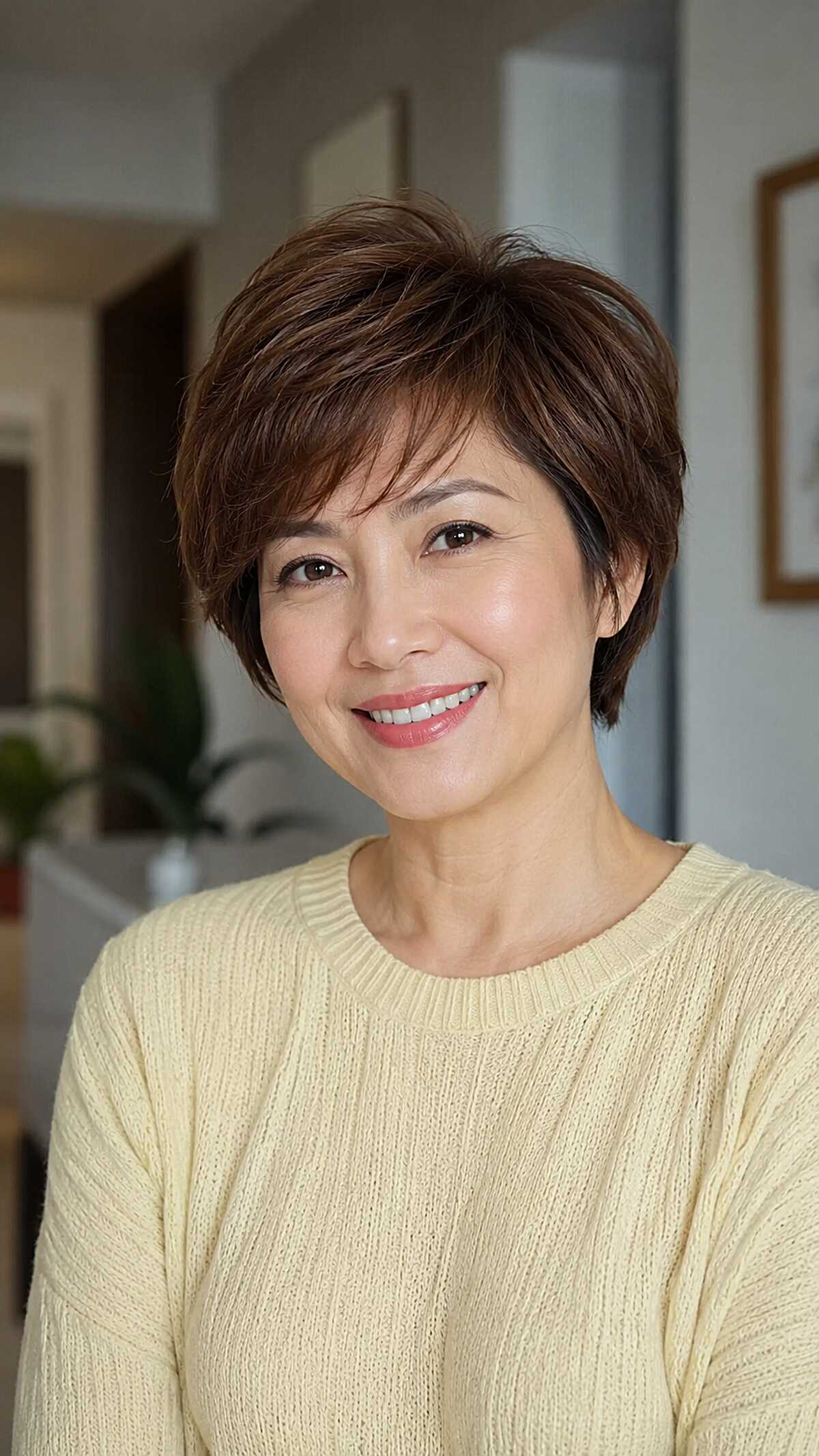 Warm chestnut bixie with classic layered shape