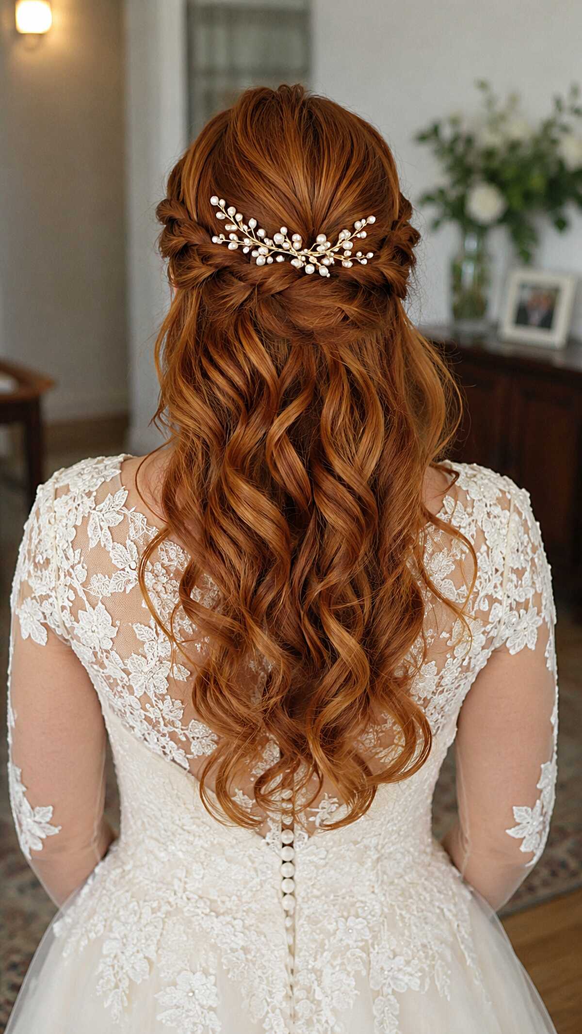 Warm Copper Curls with Pearl Vine Half-Up
