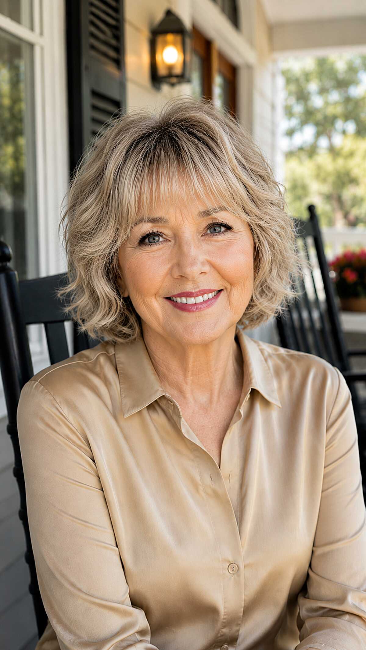 Wavy ash blonde bob with shaggy layered bangs
