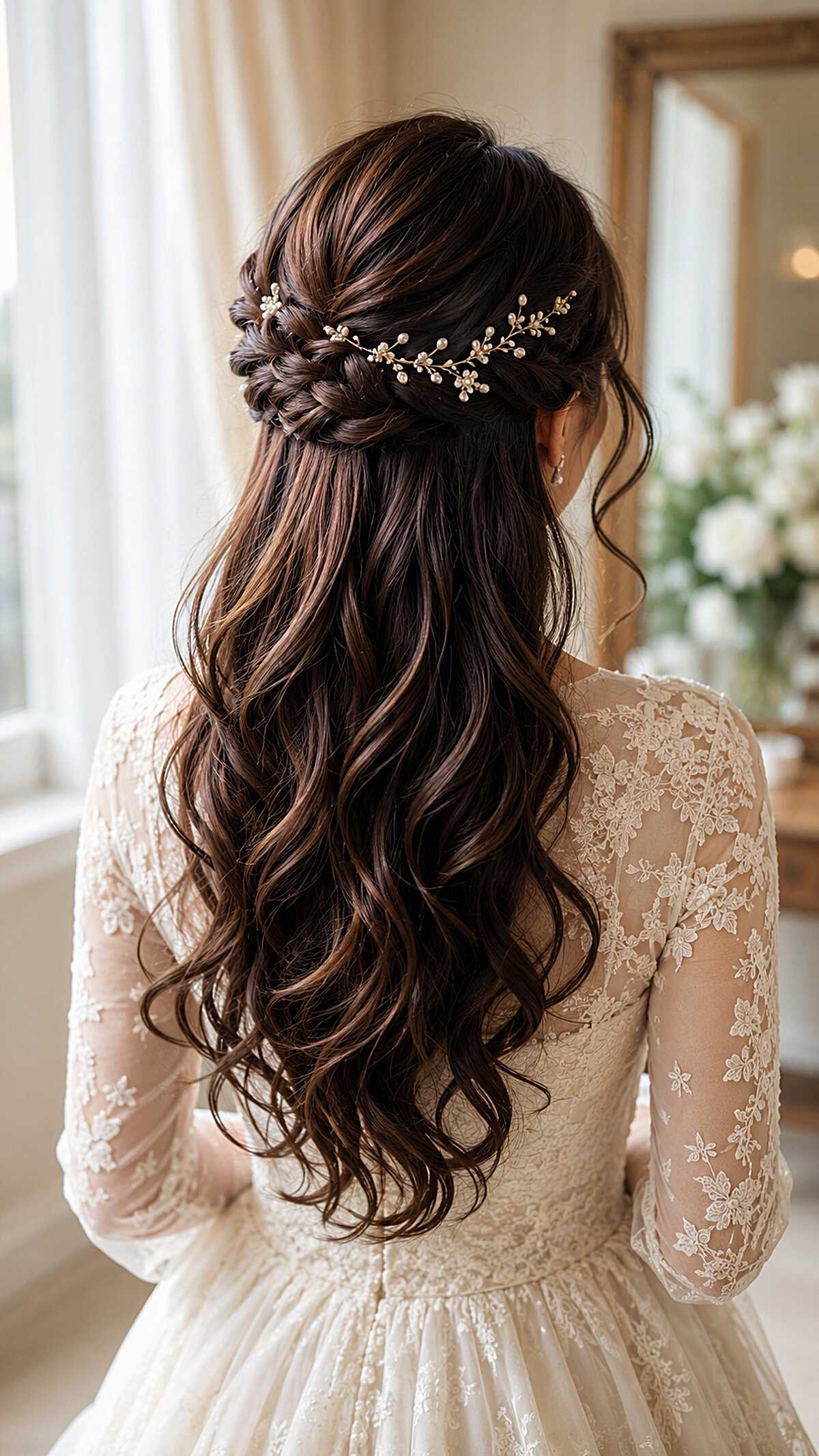 Woven Fishtail Crown with Pearl Vine on Dark Chocolate Waves