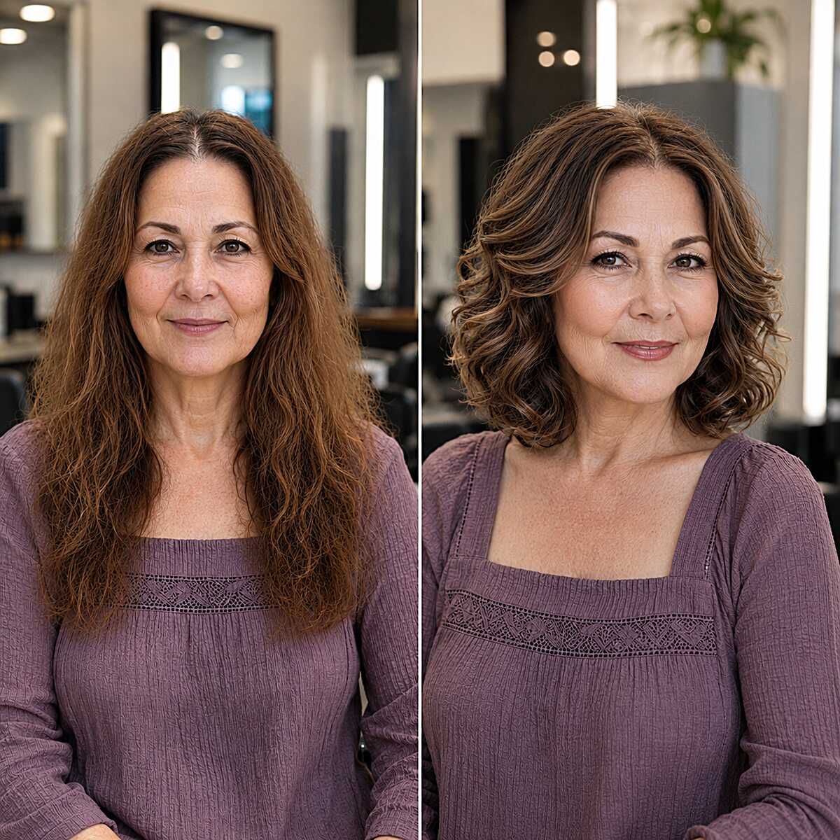 Before and after curly bob transformation on older woman