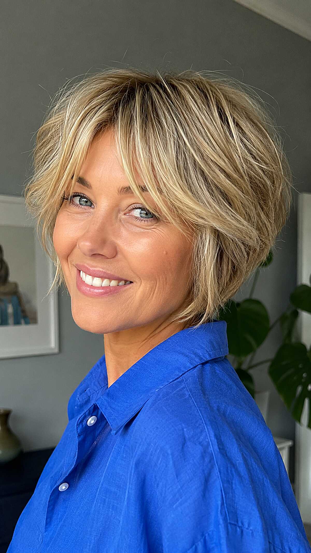 Buttery blonde bixie with layered bob silhouette