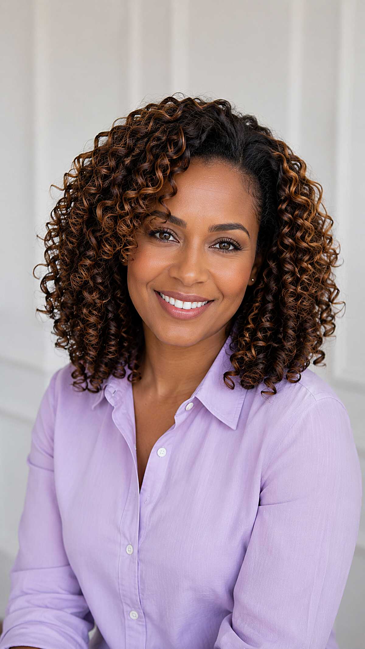 Caramel Highlights on Natural Curls with a Deep Side Part