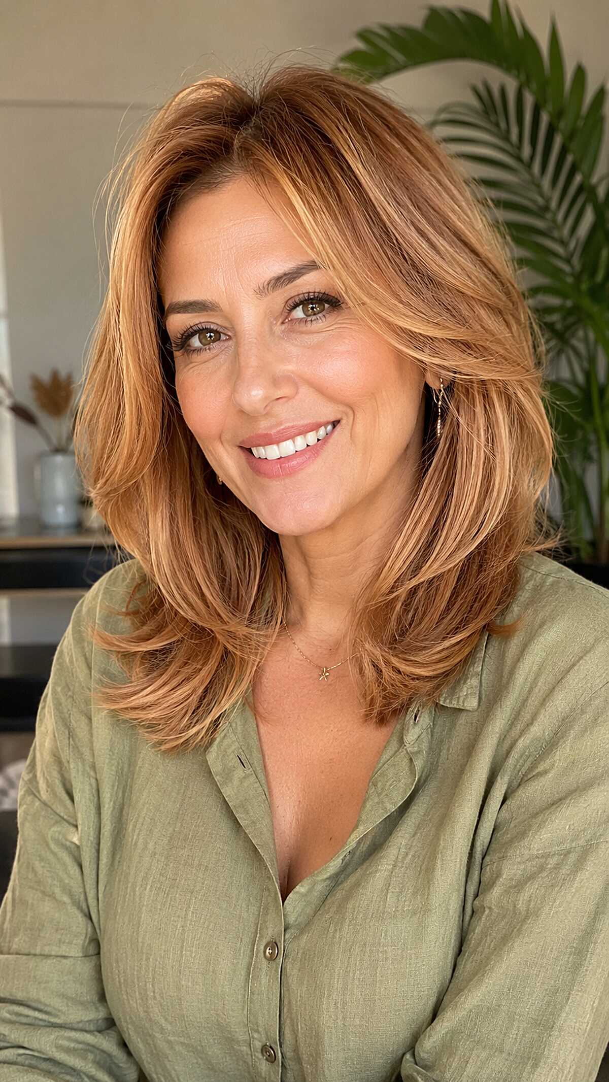 Copper-Rooted Strawberry Blonde on a Flipped-Out Medium Layer Cut