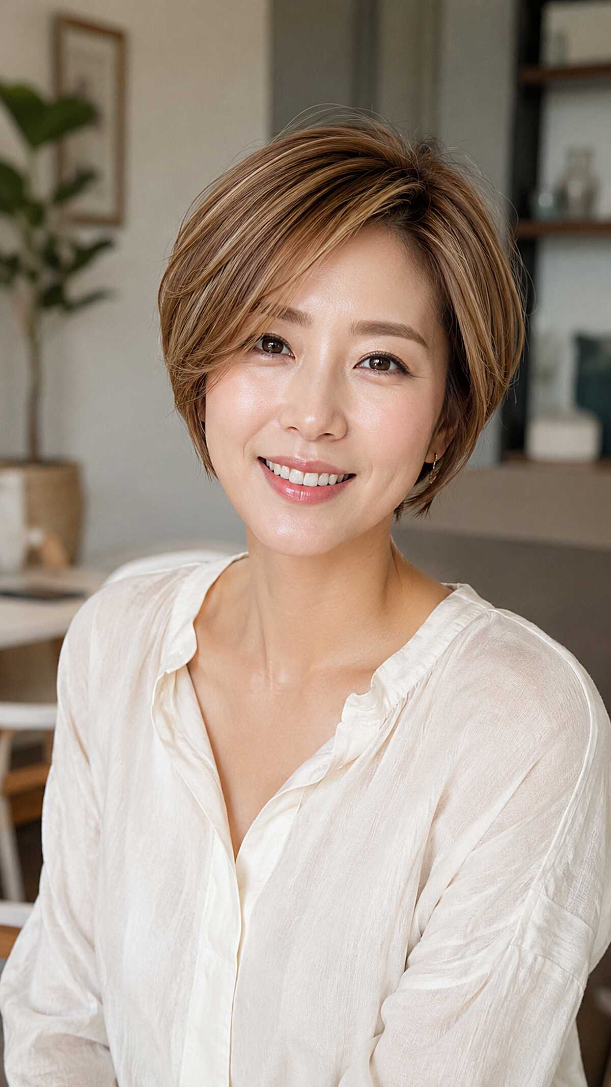Cropped Strawberry Blonde Pixie Bob with Warm Ribbon Highlights