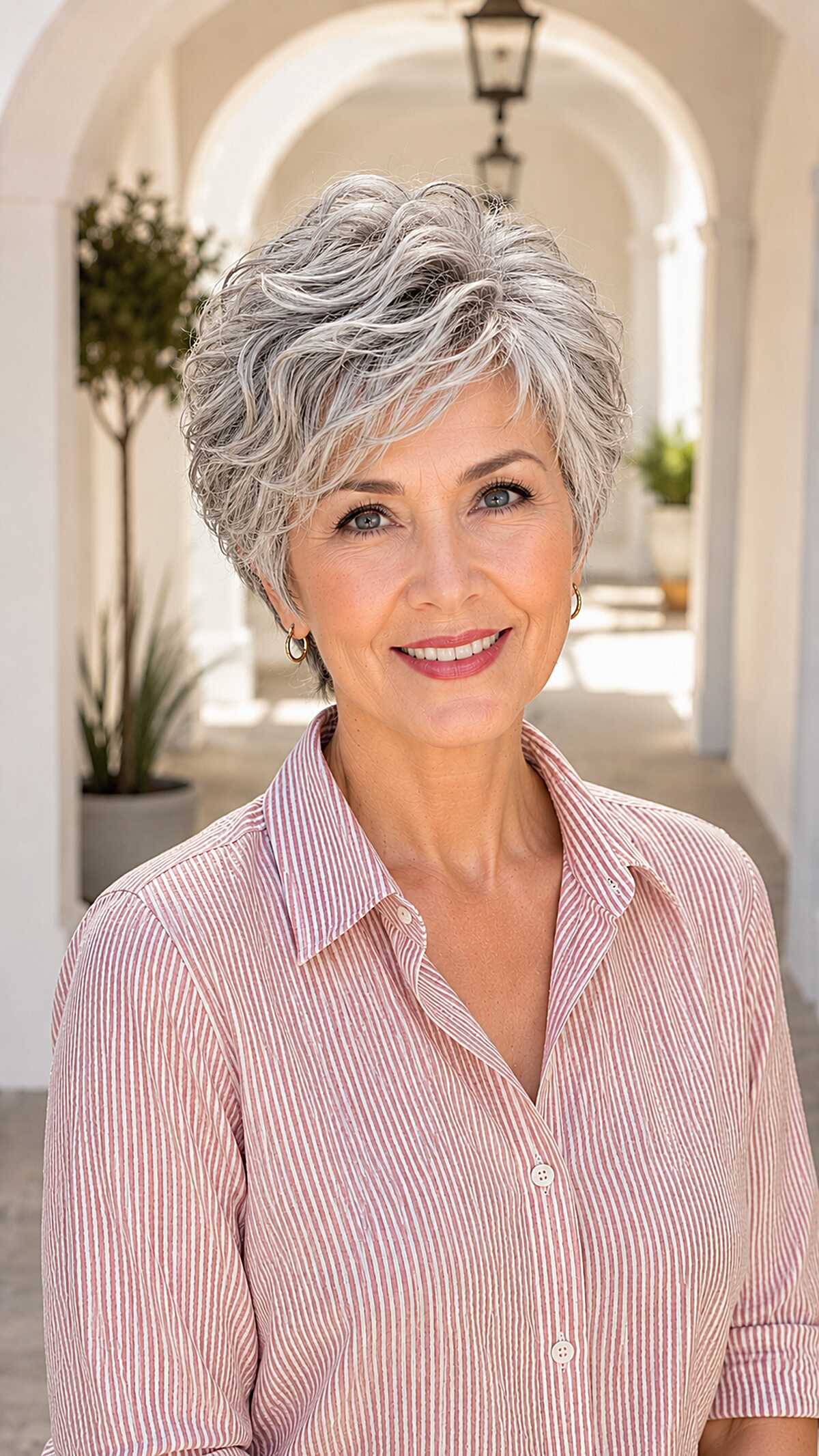 Short curly silver gray pixie with volume on top