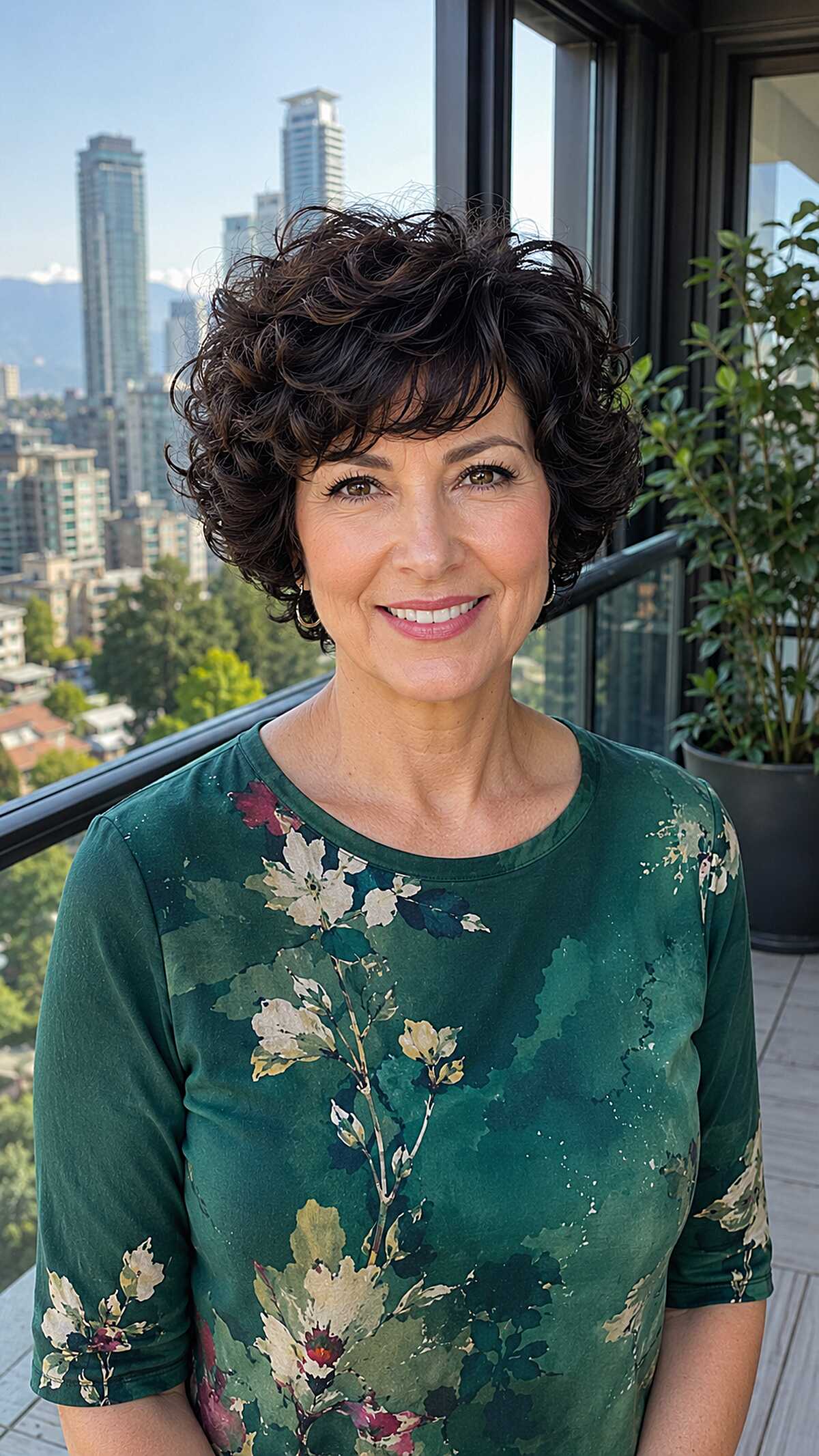 Short dark brown curly pixie with natural volume