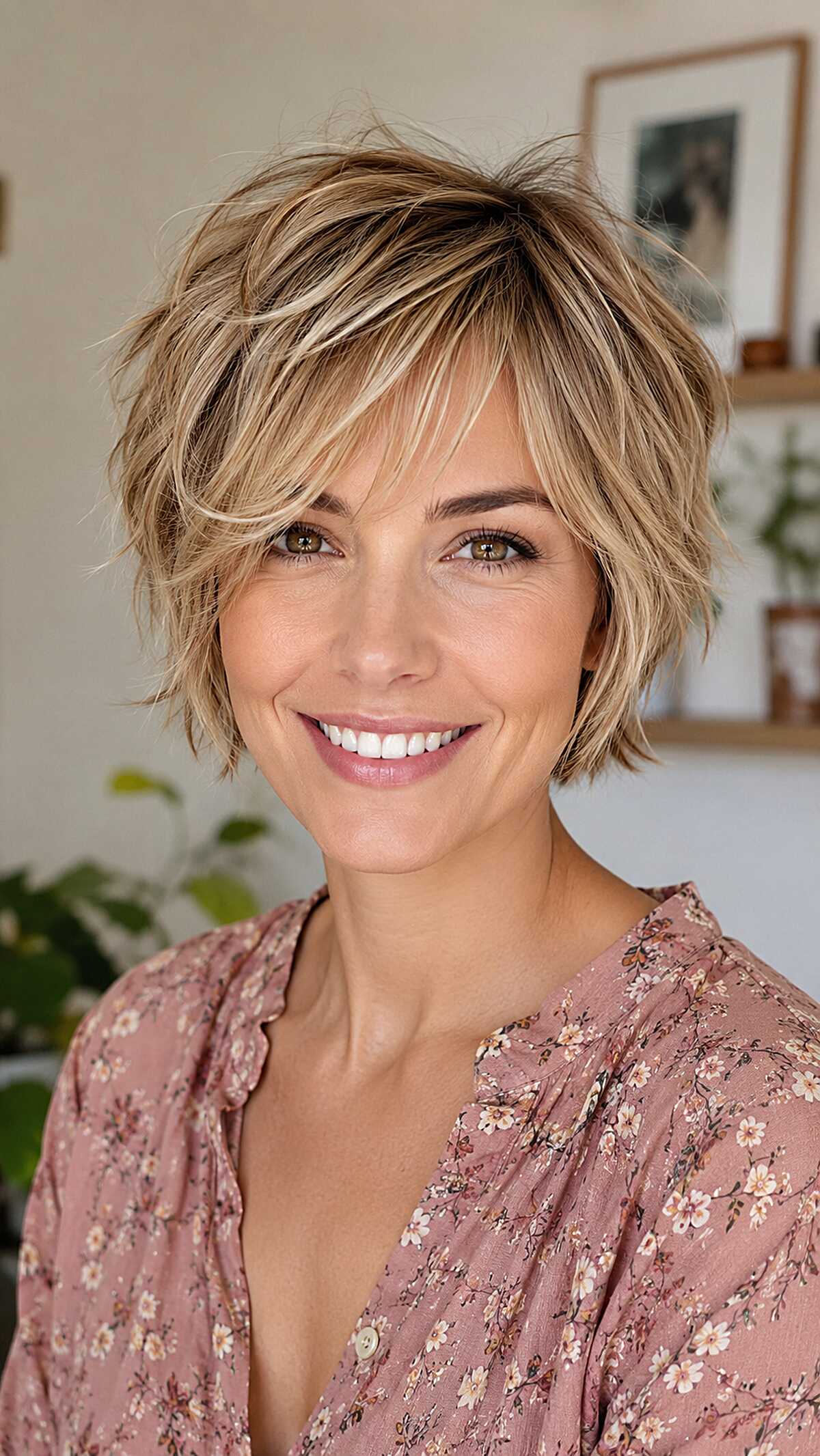Dimensional bronde bixie with face-framing pieces
