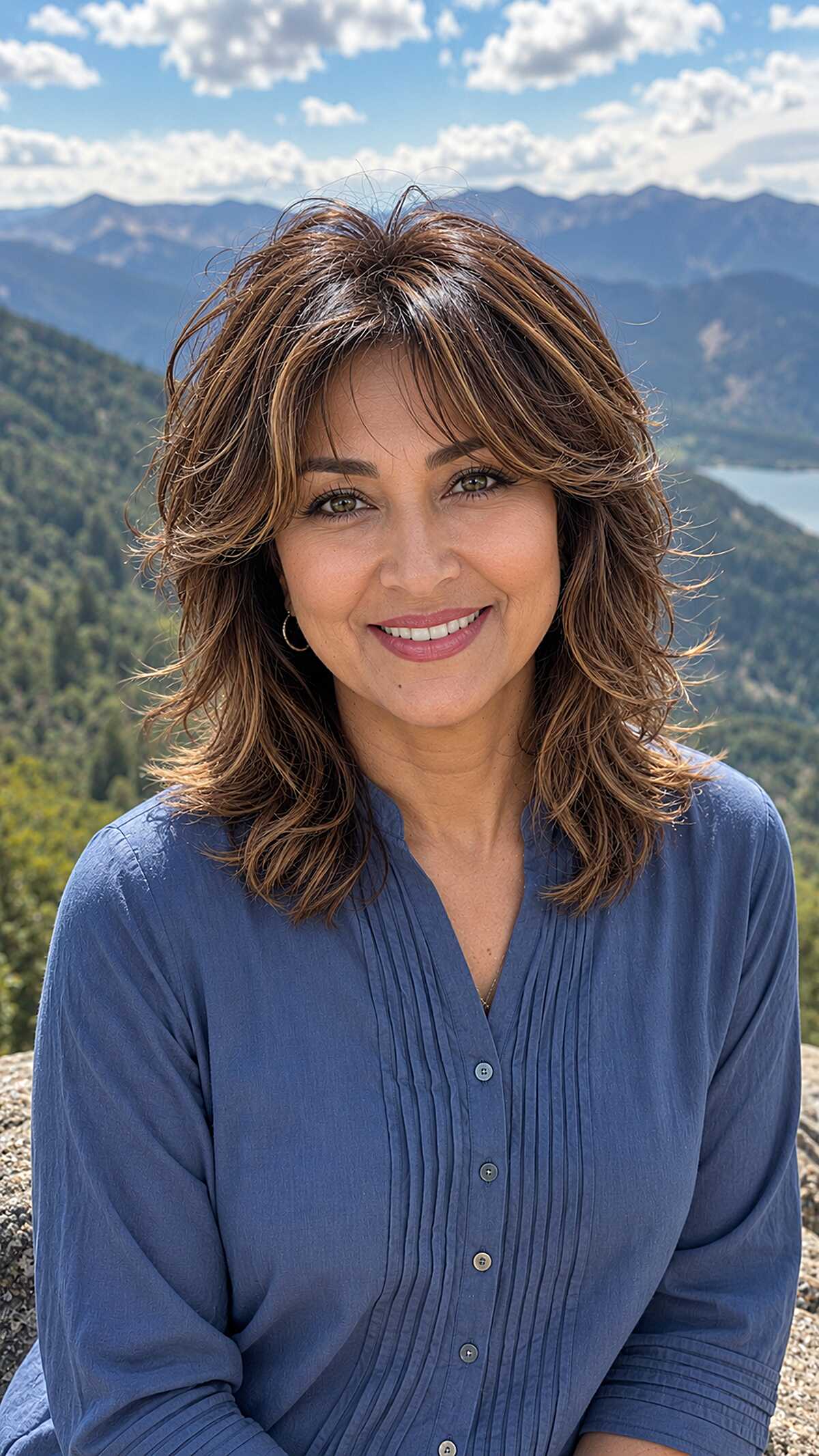 Medium-length feathered shag with honey brown highlights