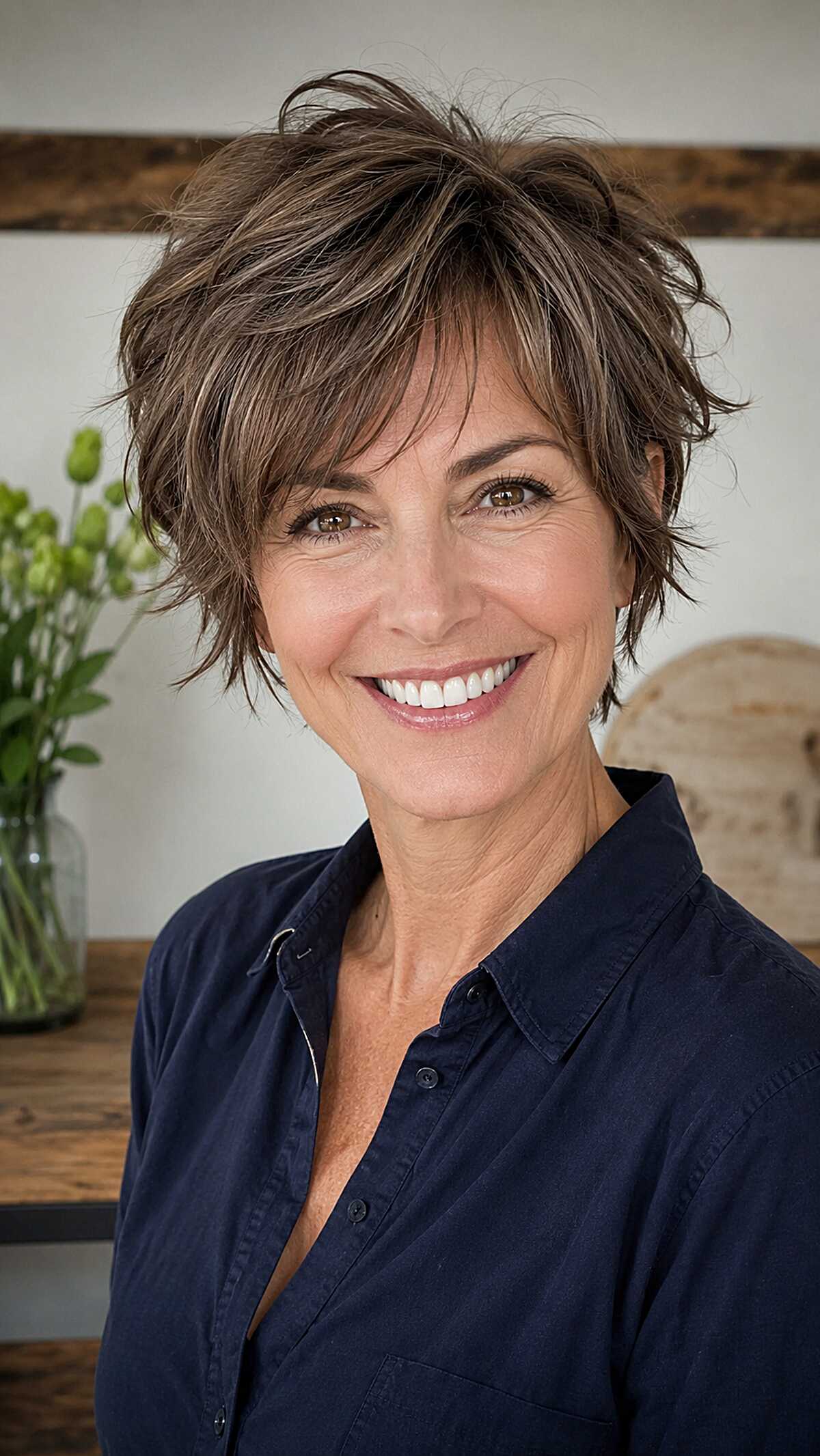 Feathery highlighted bixie shag with textured crown