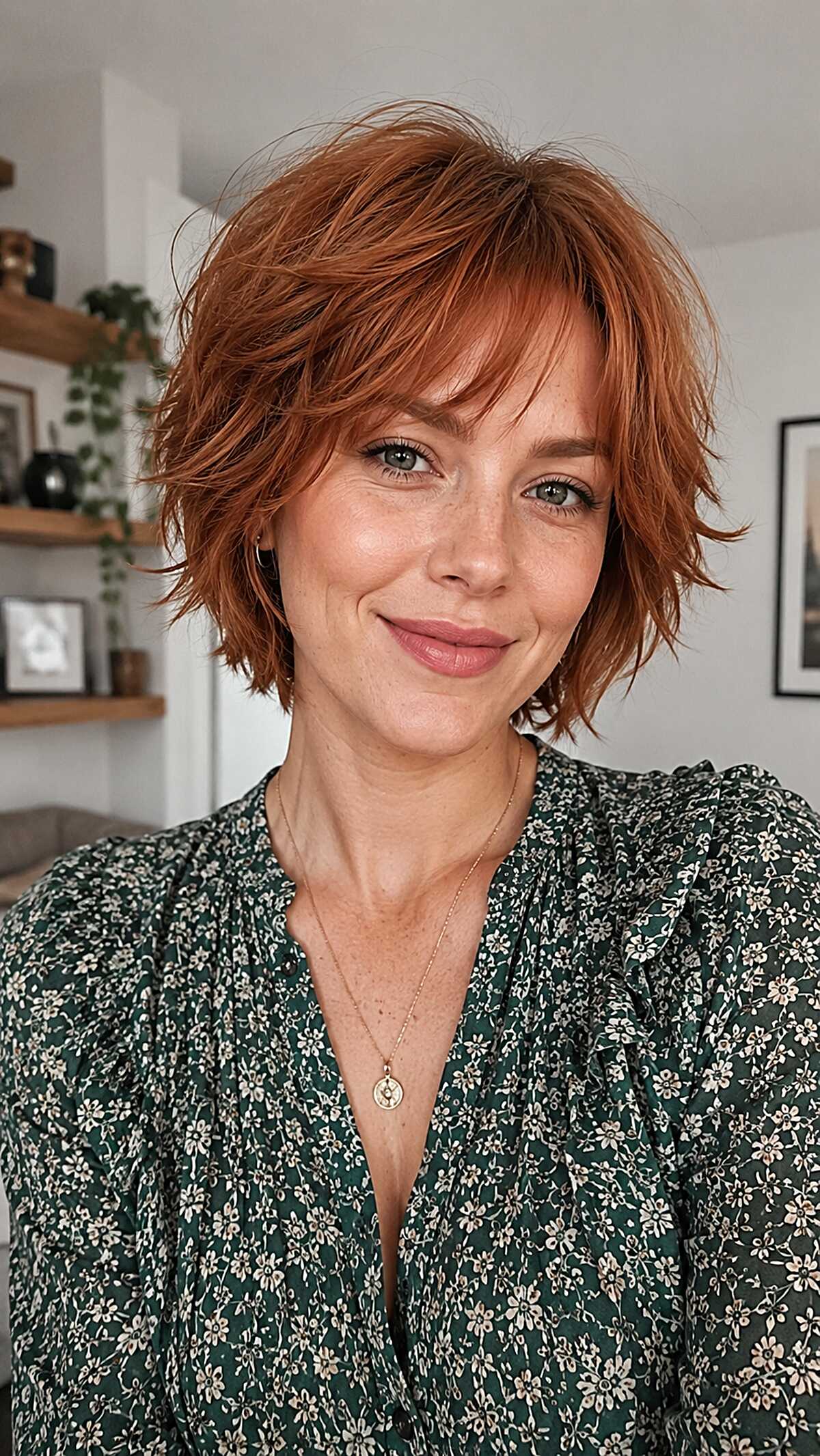 Fiery copper red bixie shag with messy bangs