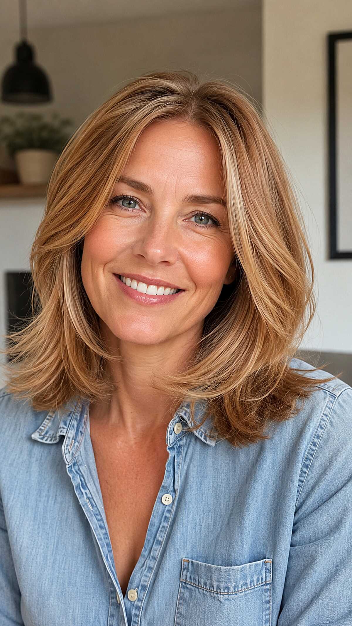 Golden Strawberry Balayage on a Side-Swept Layered Lob