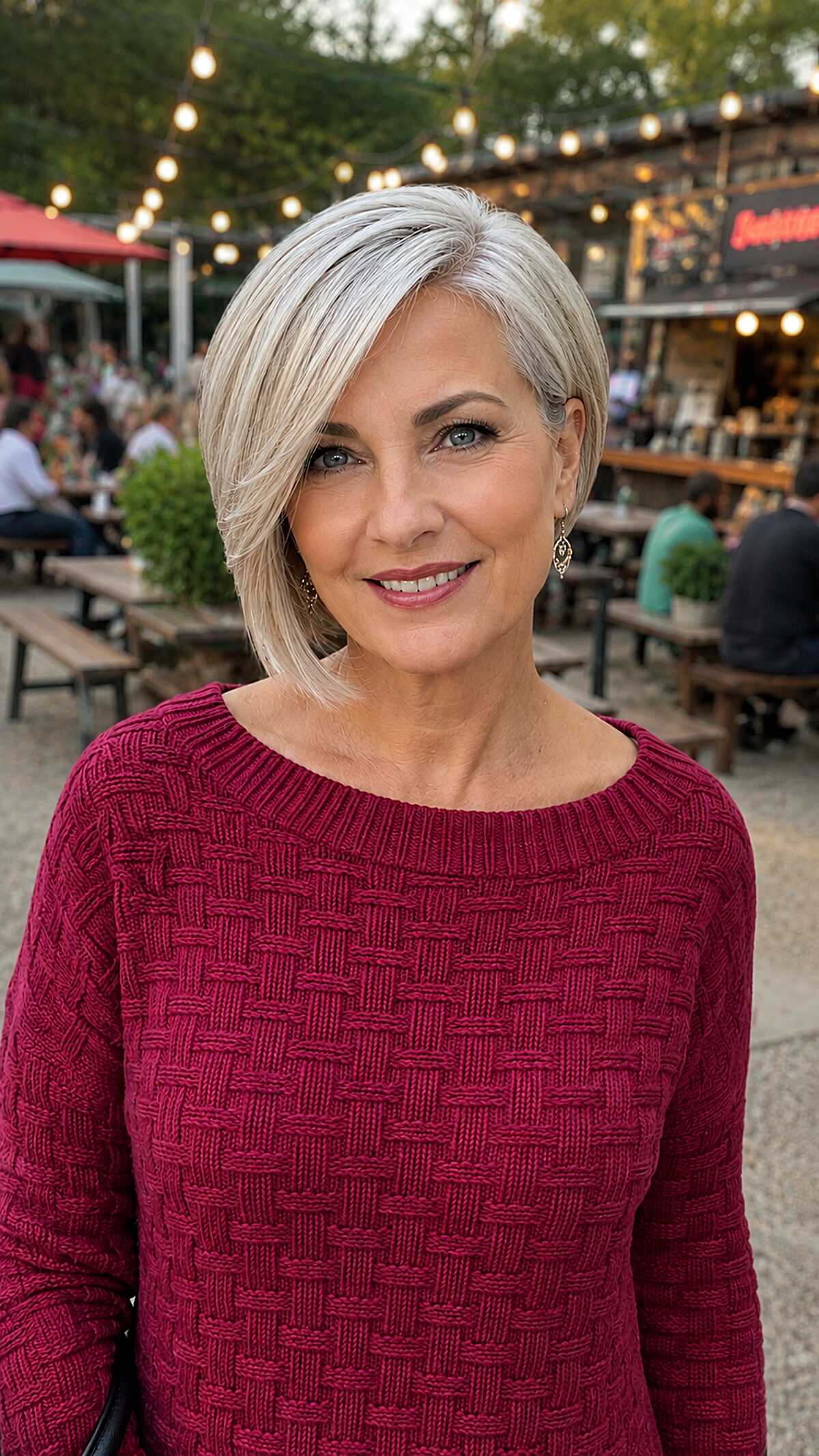 Sleek platinum chin-length bob with deep side part