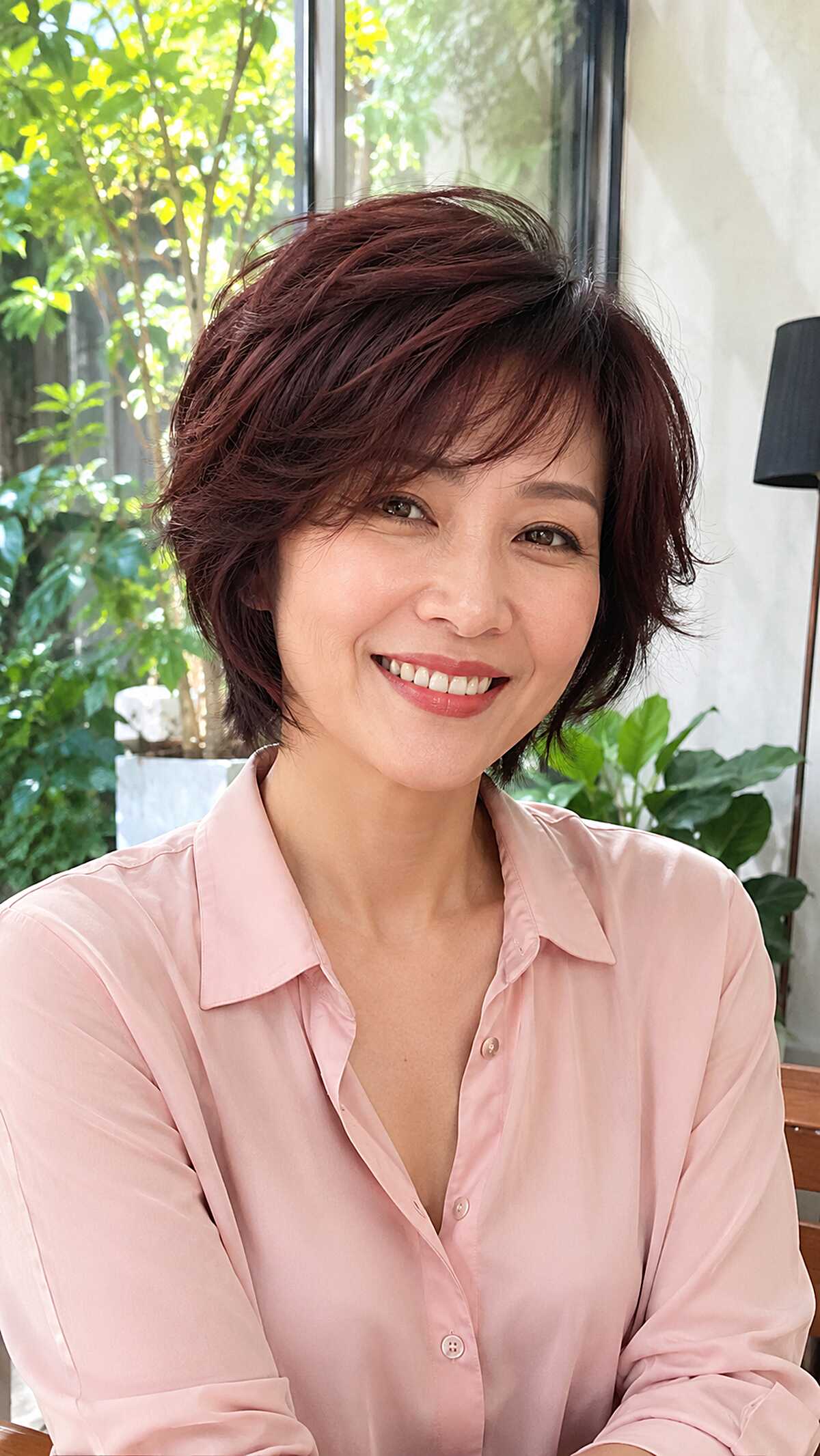 Plum-toned bixie shag with polished side part