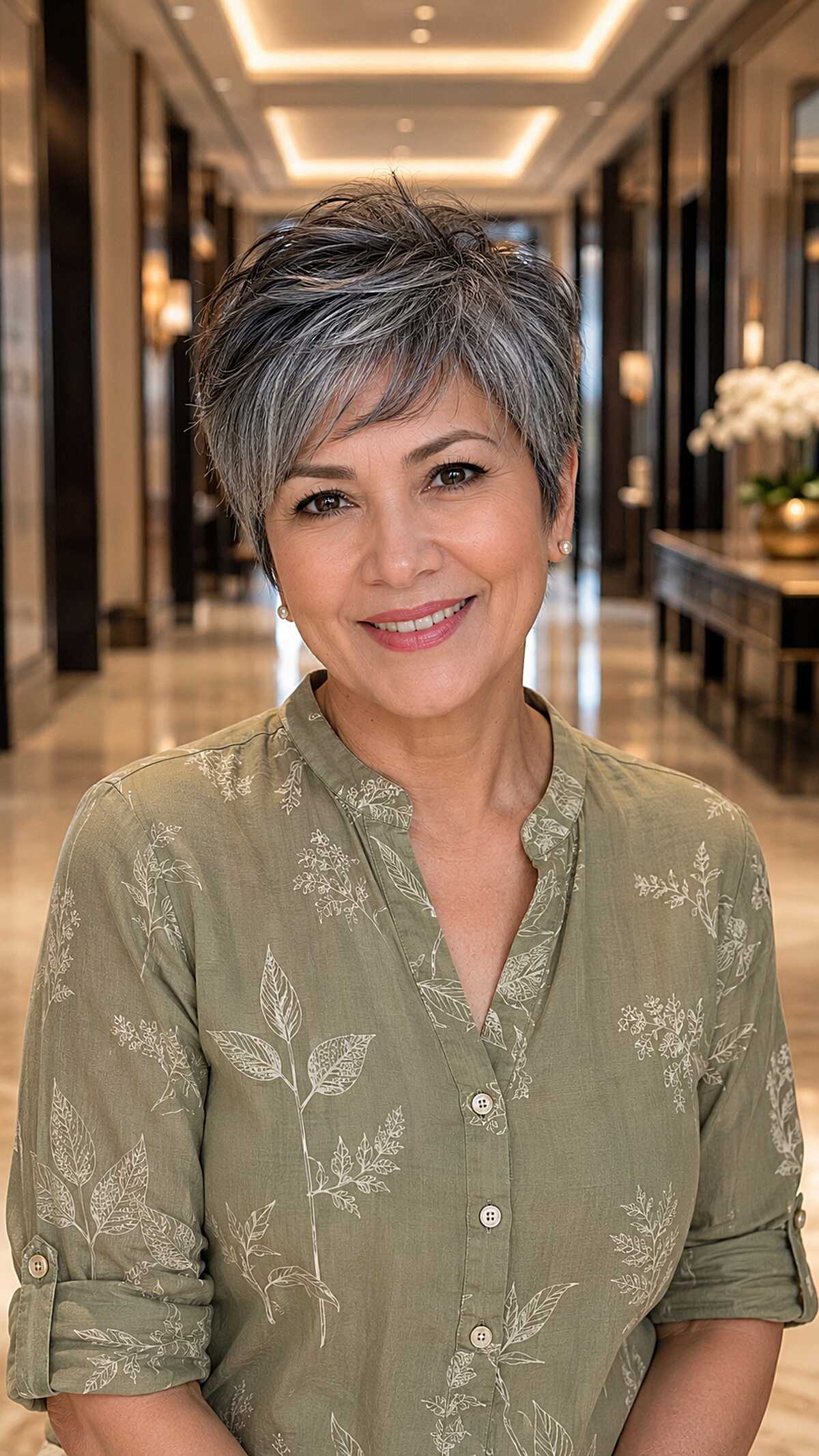 Short salt and pepper pixie crop with textured layers