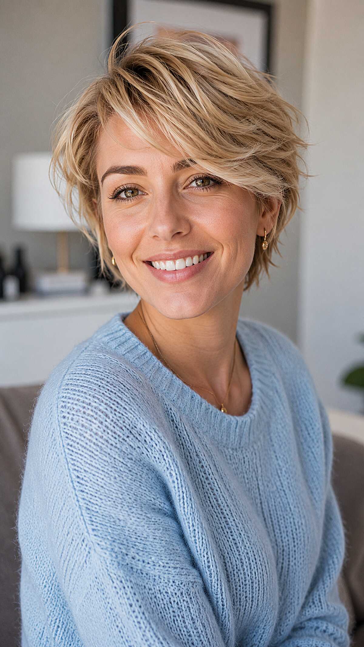 Sandy Blonde Bixie with Windswept Side Layers