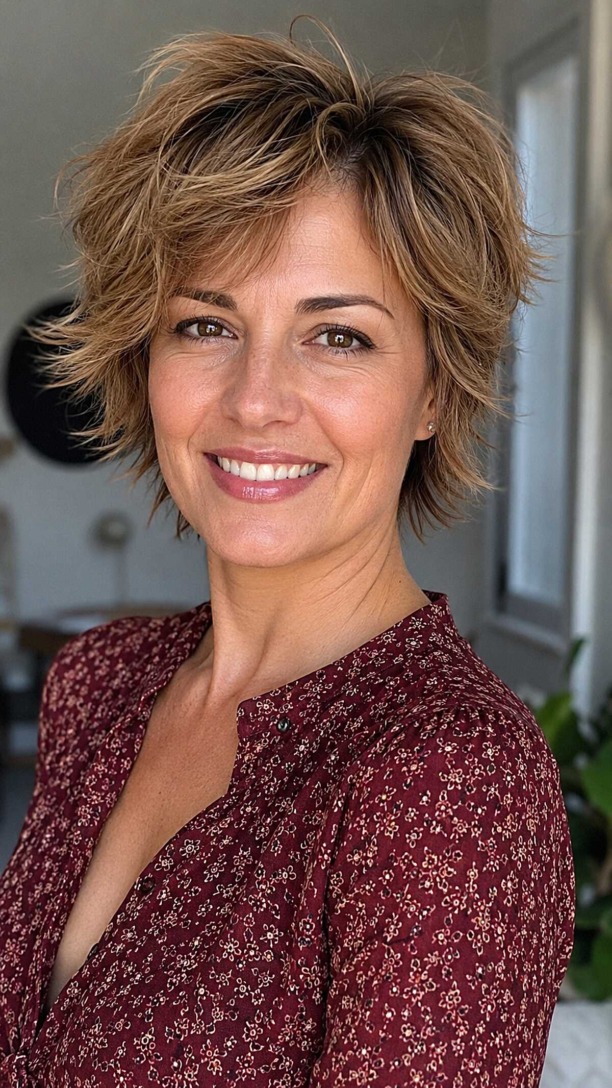 Sandy bronde bixie shag with playful volume