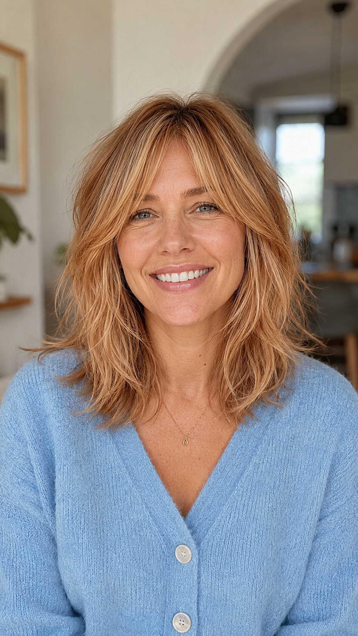 Shaggy Shoulder-Length Strawberry Blonde with Wispy Curtain Bangs