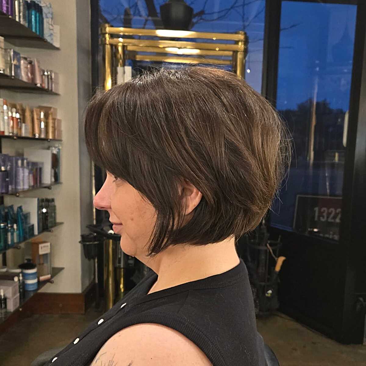 Structured brunette bixie bob with full bangs