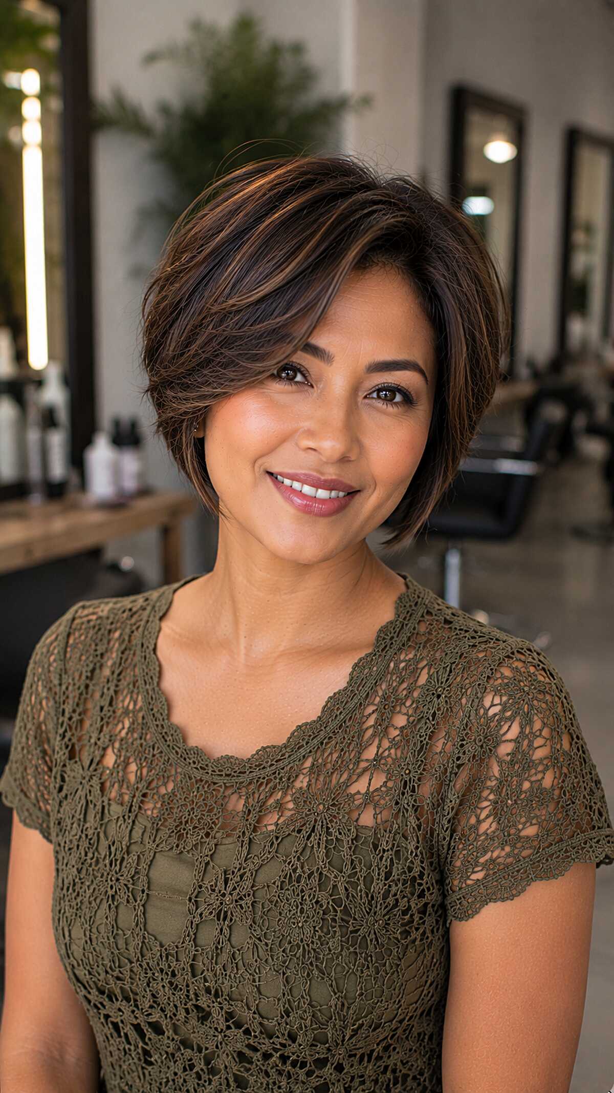 Short Textured Bob with Caramel Micro-Highlights