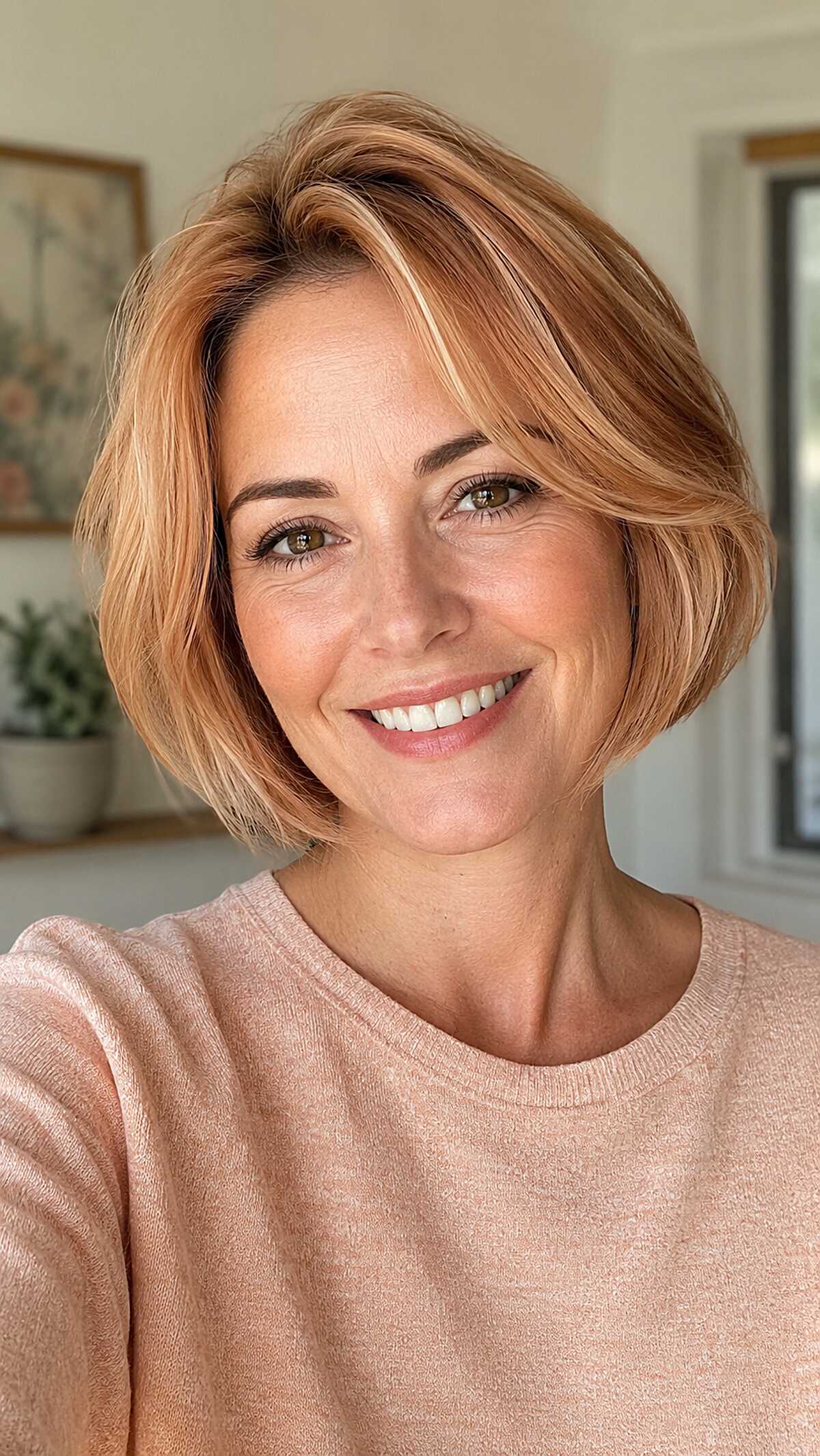 Side-Swept Strawberry Blonde Bob with Soft Copper Depth