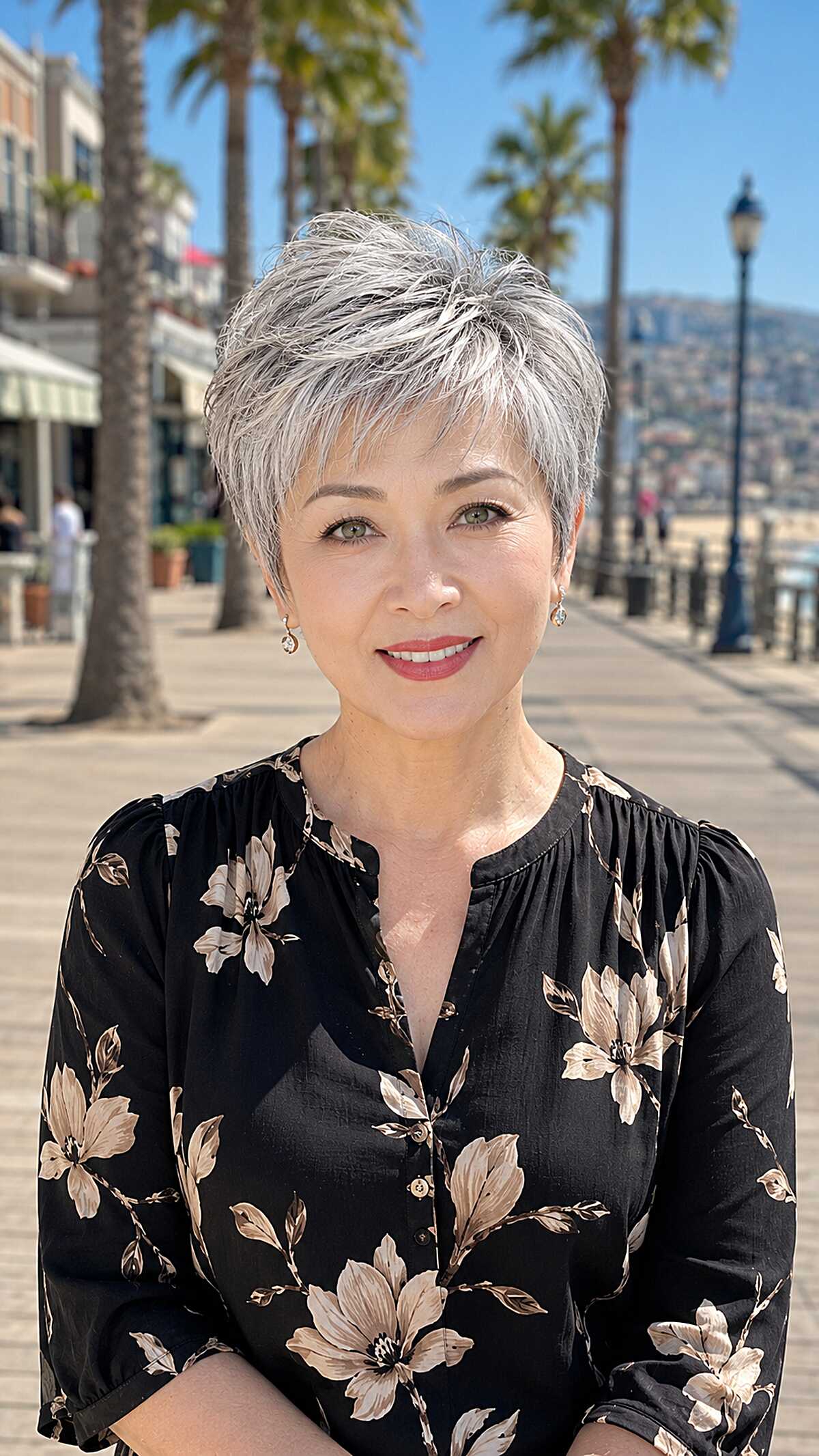Silver feathered pixie with side-swept bangs on older woman