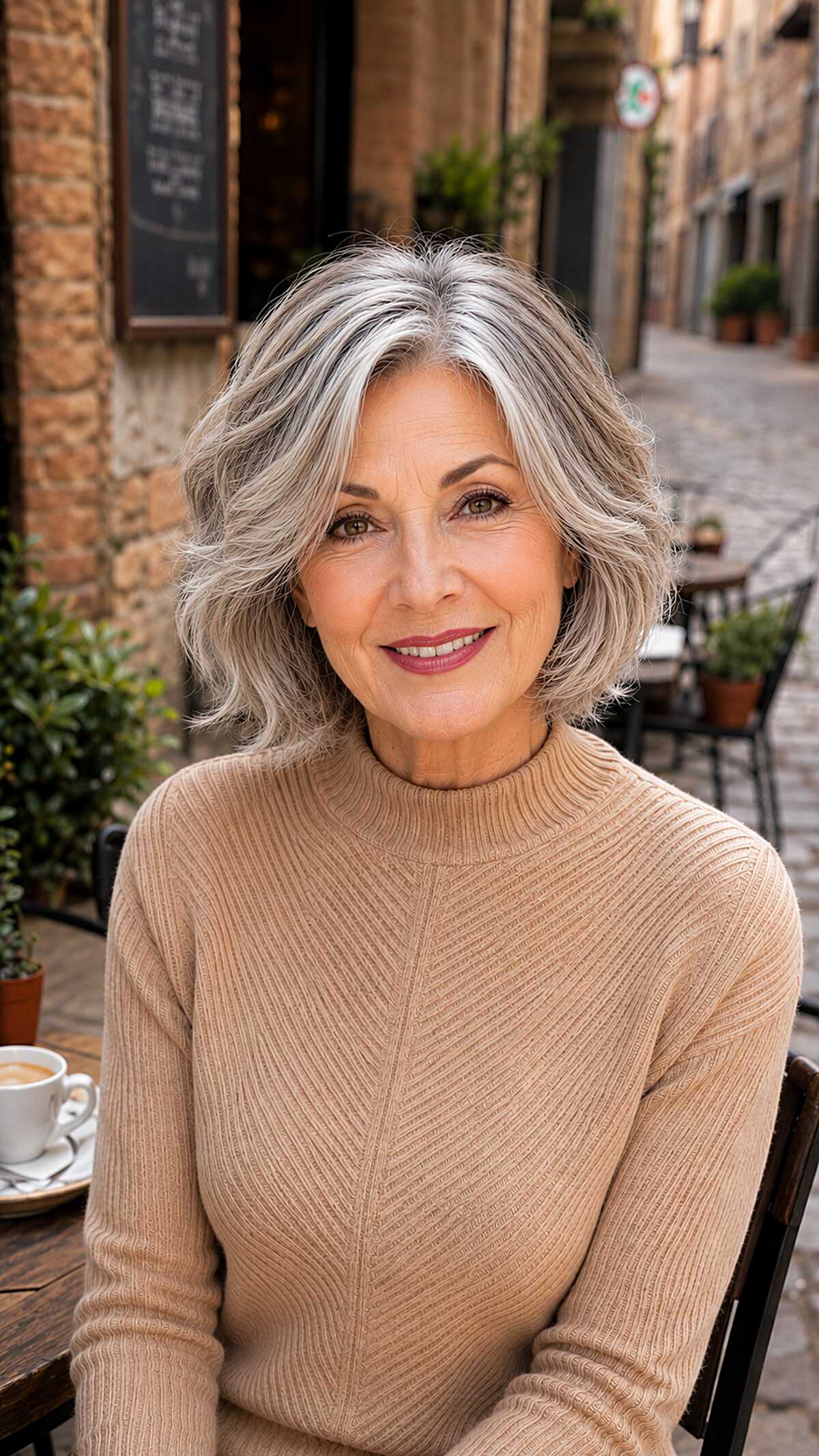 Chin-length wavy silver bob with natural movement