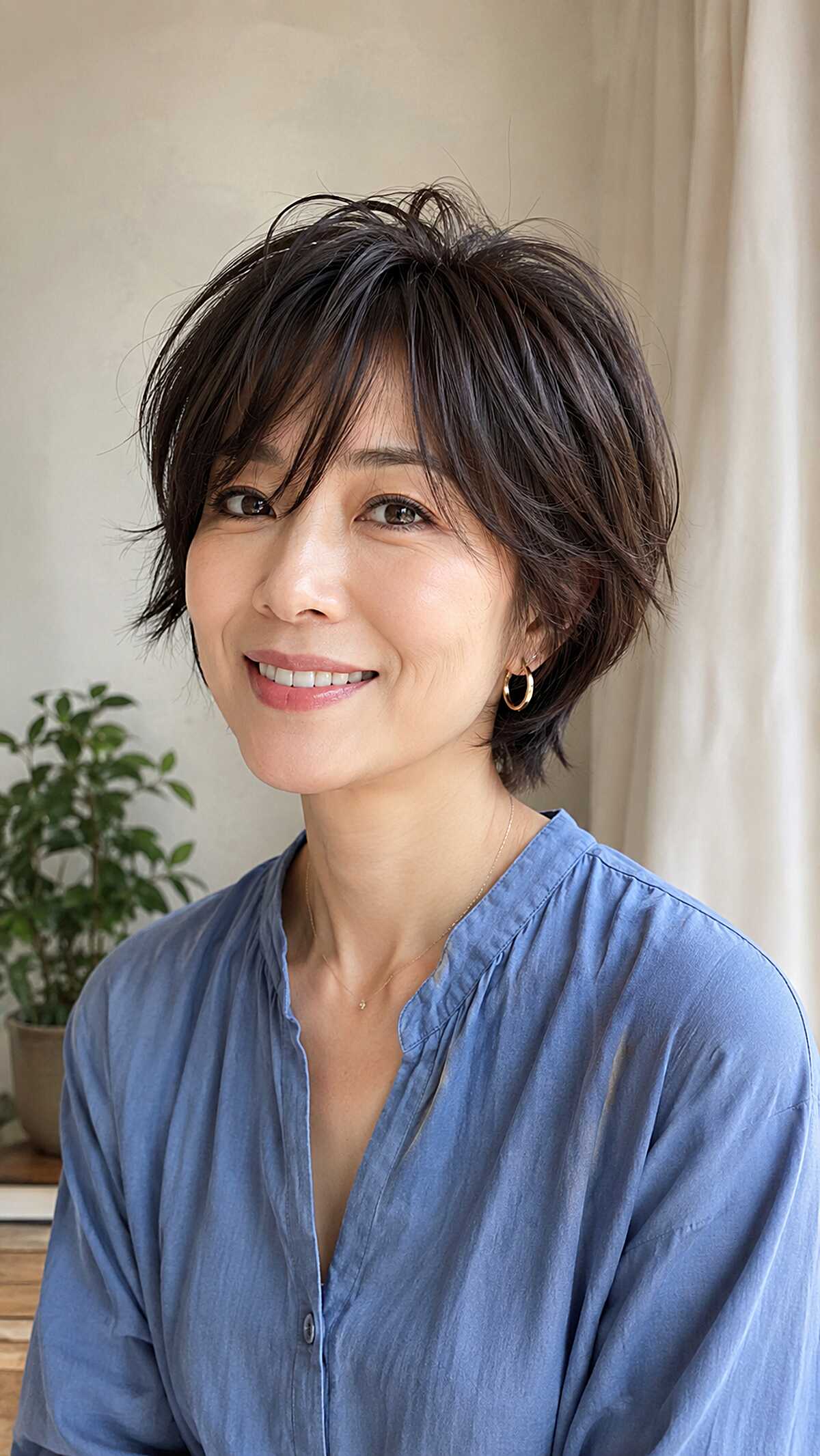 Sleek dark bixie shag with side-swept layers